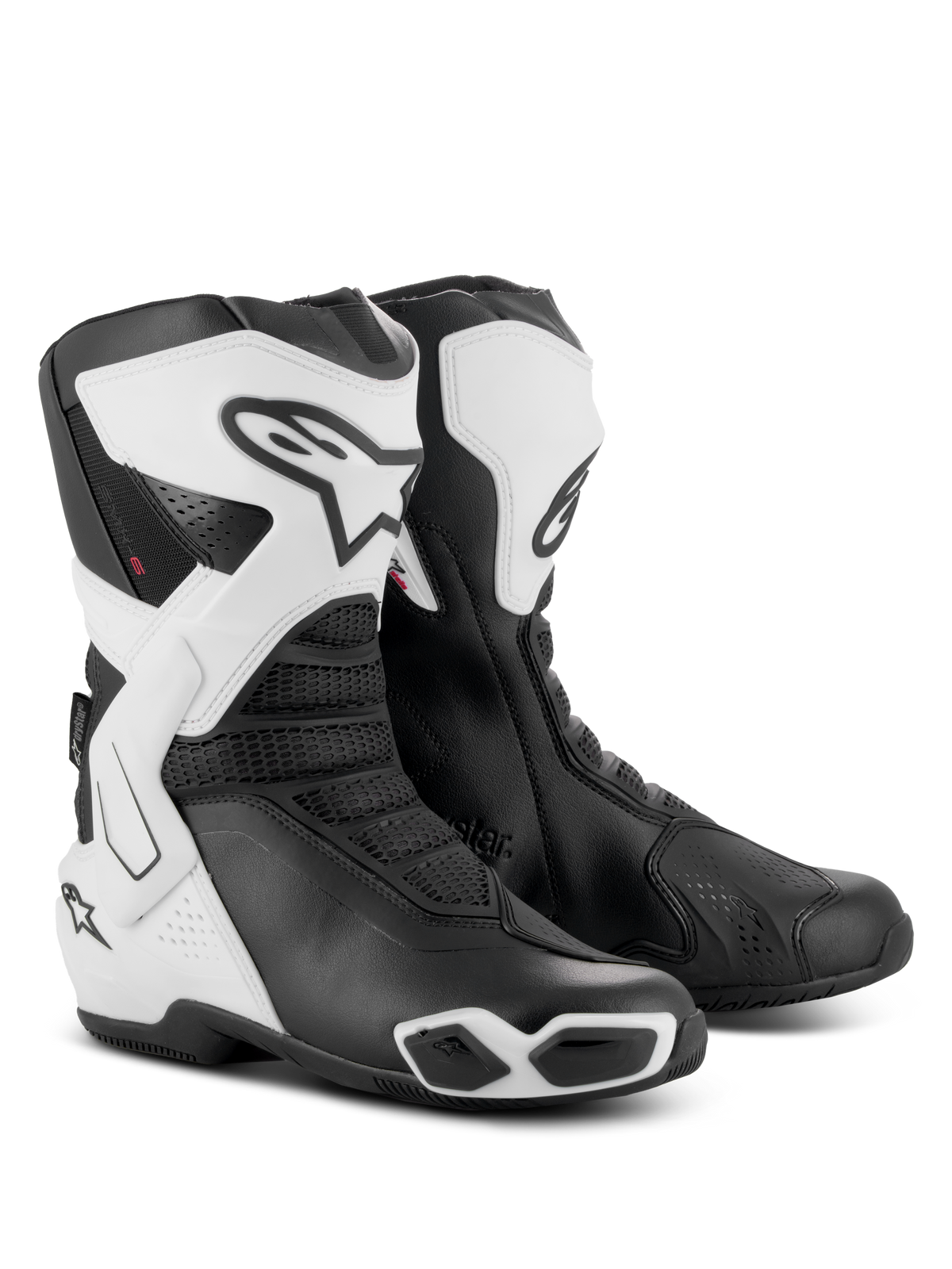 Alpinestars Stella SMX-6 V3 Drystar® Boots, Women's Performance Riding Boots, White and Black, featuring protective TPU shin plates, lateral ankle braces, and integrated sliders, sporty design with bold Alpinestars logo and mesh accents