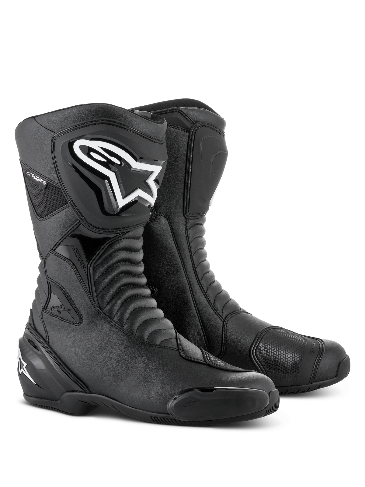 Alpinestars SMX S Waterproof laarzen in Black Black, hoge motorlaarzen met harmonica-flexzones, opvallend wit Alpinestars-logo op de TPU-scheenbeschermer, versterkte schakelpads en vervangbare teen-sliders, ontworpen voor sport-touring en rijden in alle weersomstandigheden