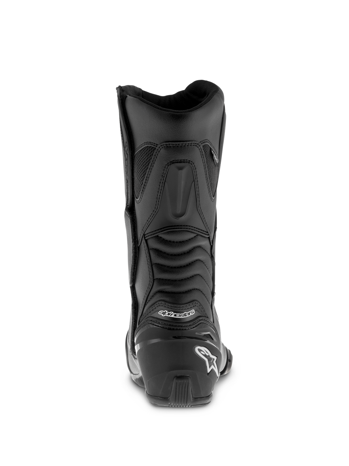 Alpinestars SMX S Waterproof laarzen, zwarte motorlaarzen, achteraanzicht met een verstevigde hielkap en wit logo, geribbelde accordeon-flexpanelen voor enkelmobiliteit, duurzame microvezelconstructie voor sport-touring.