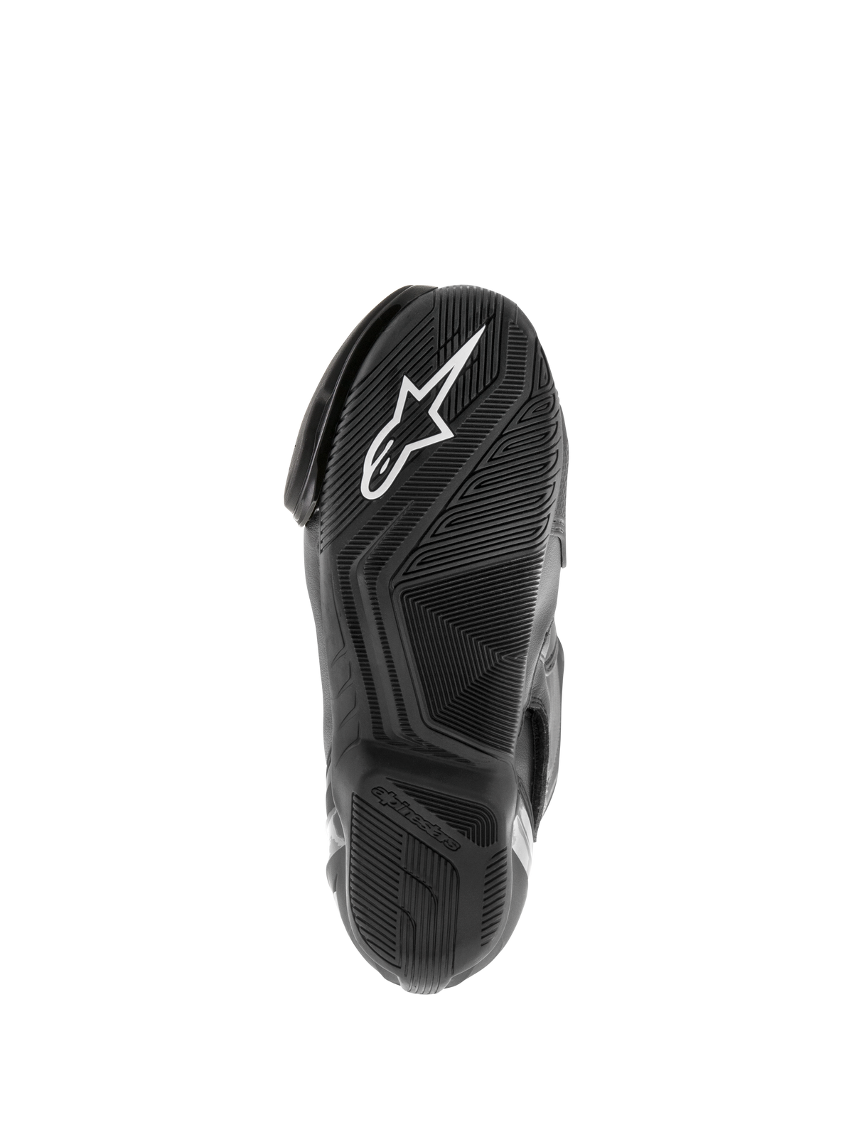 Alpinestars SMX S Waterproof Boots, motorlaarzen, zwart, zicht op de getextureerde rubberen zool met wit Astar-logo en waterafvoerend loopvlakpatroon