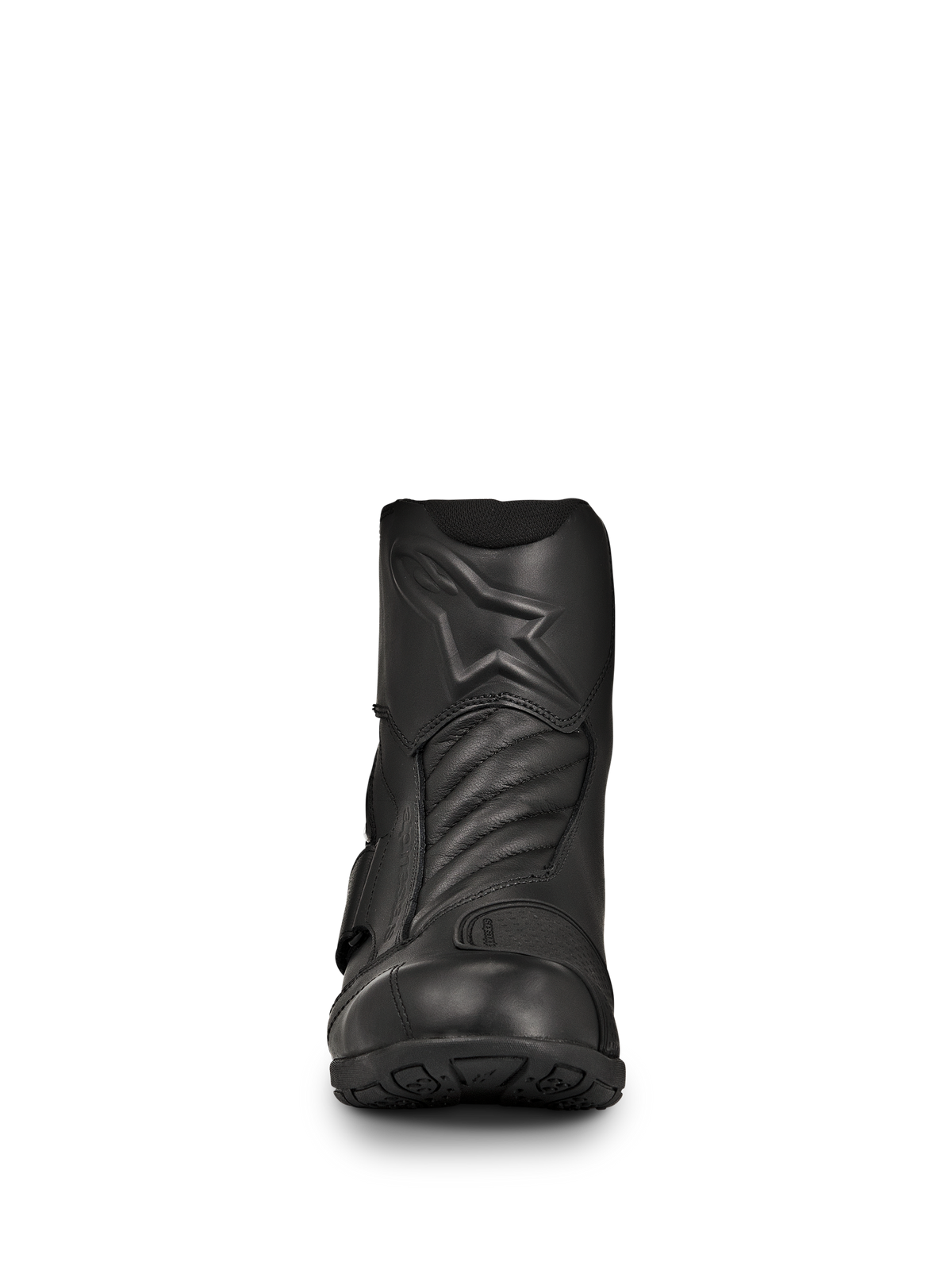Alpinestars New Land GORE-TEX Stiefel, schwarze Road-Touring Motorradstiefel, Vorderansicht, Vollnarbenleder-Konstruktion mit geprägtem Stern-Logo, Akkordeon-Flexzonen vorne, wasserdichtes mittellanges Design für Langstreckenfahrten