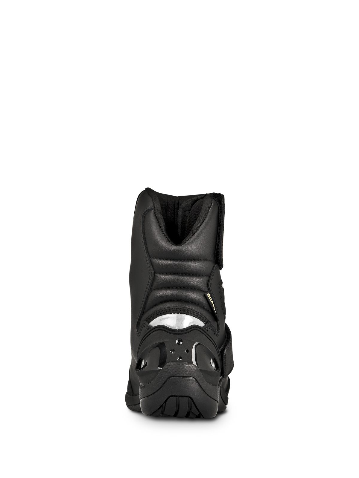 Alpinestars New Land GORE-TEX Stiefel, Straßen-Touring Motorradstiefel, Schwarz, Rückansicht mit gepolsterten Akkordeon-Flexzonen, reflektierendem Ferseneinsatz und strapazierfähiger Gummiaußensohle.