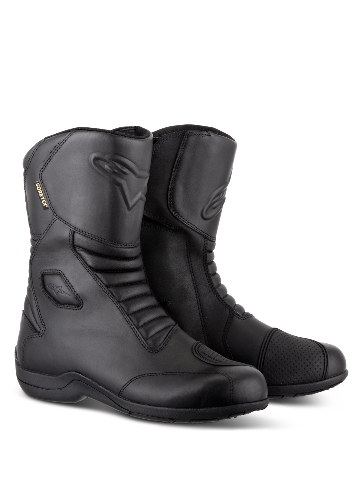 Alpinestars Web GORE-TEX Stiefel, schwarze wasserdichte Motorrad-Tourenstiefel, Lederkonstruktion mit vorderen und hinteren Akkordeon-Flexzonen, verstärktem Schaltpolster und seitlichem Einstiegs design für Straßenfahrten
