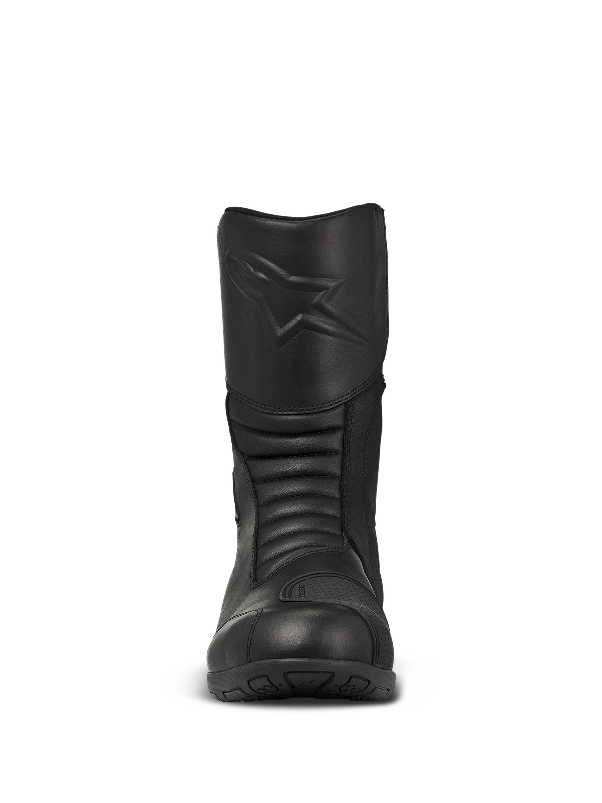 Alpinestars Web GORE-TEX Stiefel, schwarze Touring-Motorradstiefel, Vorderansicht mit geprägtem Stern-Logo auf dem Schienbein, Akkordeon-Flexzonen für Beweglichkeit und robuster Lederkonstruktion.