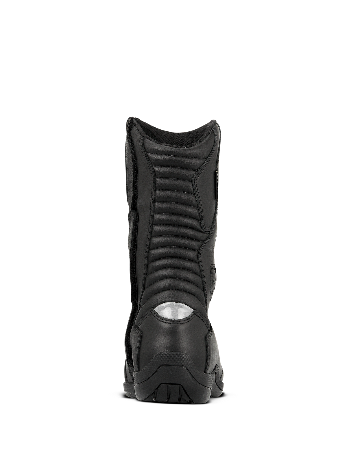Alpinestars Web GORE-TEX Stiefel, wasserdichte Motorrad-Touringstiefel, Schwarz, Rückansicht mit gerippten Akkordeon-Flexzonen und einem reflektierenden Ferseneinsatz für Sichtbarkeit bei Nacht, strapazierfähige Lederkonstruktion mit robuster Sohle