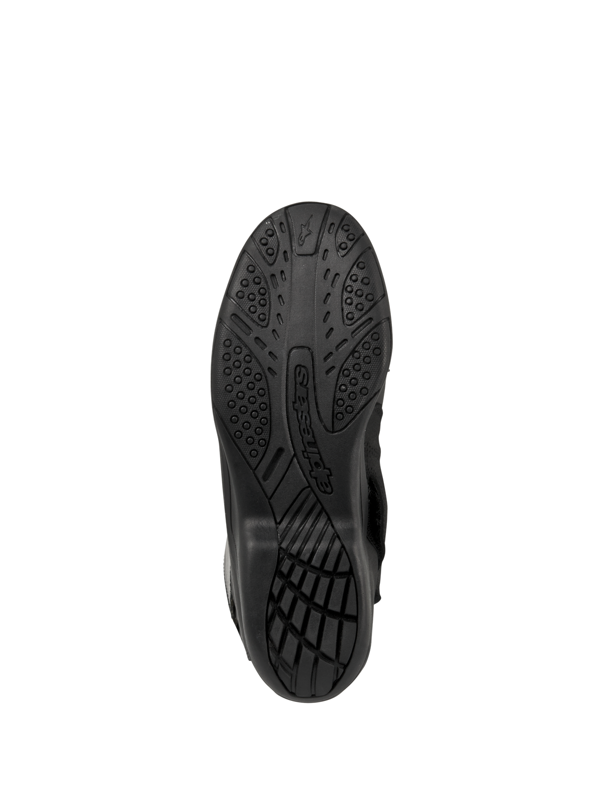 Alpinestars Web GORE-TEX Stiefel, Motorrad-Tourenstiefel, Schwarz, Unteransicht der Sohle mit strukturierter Gummilauffläche für Griffigkeit und Alpinestars-Branding