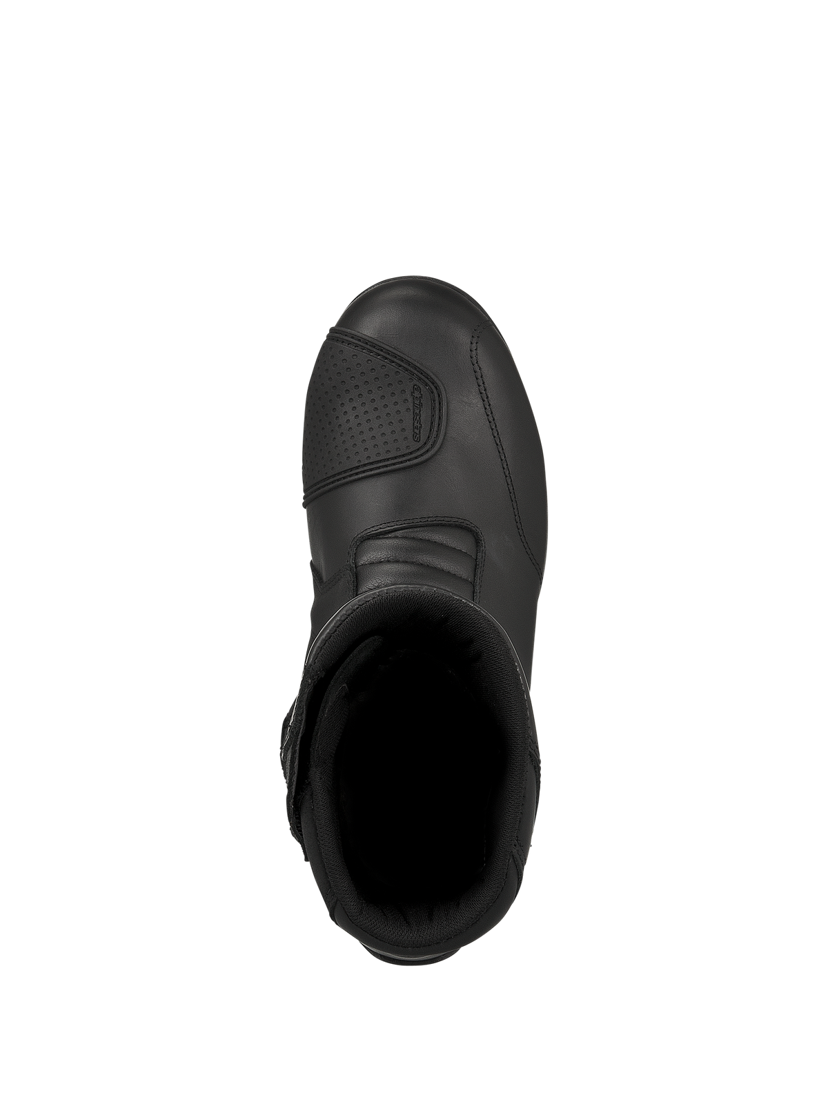 Alpinestars Web GORE-TEX Stiefel, schwarze Motorrad-Tourenstiefel, Ansicht von oben zeigt die Innenöffnung und das strukturierte Schaltpolster, robuste Lederkonstruktion für Straßenfahrten