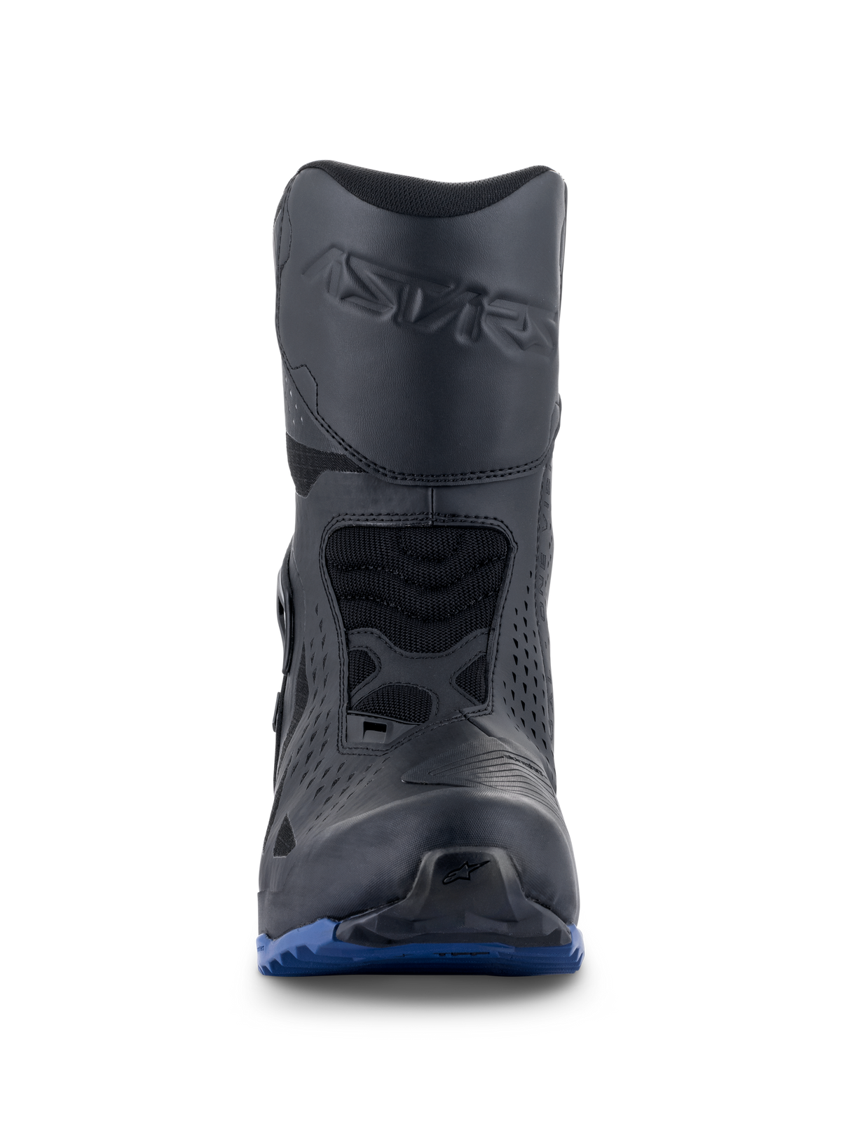 Bottes Alpinestars RT-8 GORE-TEX, bottes de moto touring, noir et bleu, vue de face avec logo Astars embossé sur le tibia, protection de sélecteur et semelle extérieure bleue robuste pour une traction tout-terrain