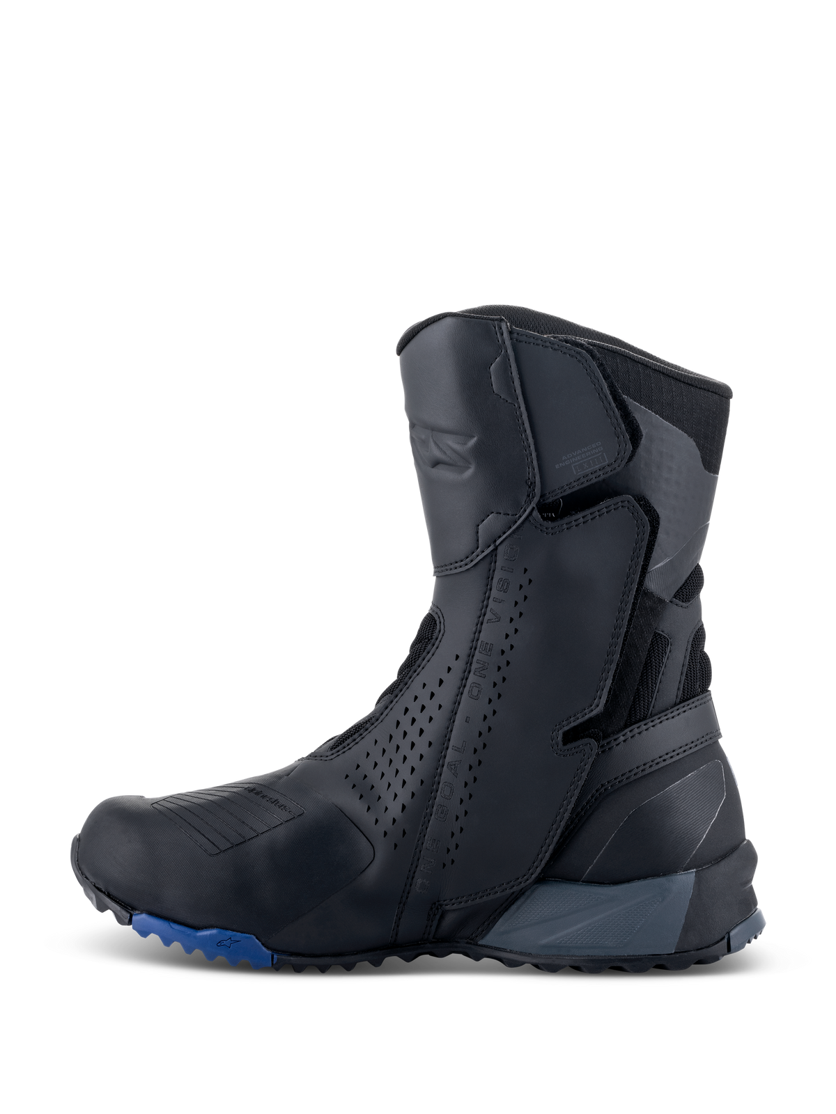 Bottes Alpinestars RT-8 GORE-TEX, bottes de moto touring, noir et bleu, vue de profil montrant une tige élégante en microfibre avec des panneaux perforés, des zones de protection intégrées et une semelle robuste aux accents bleus.