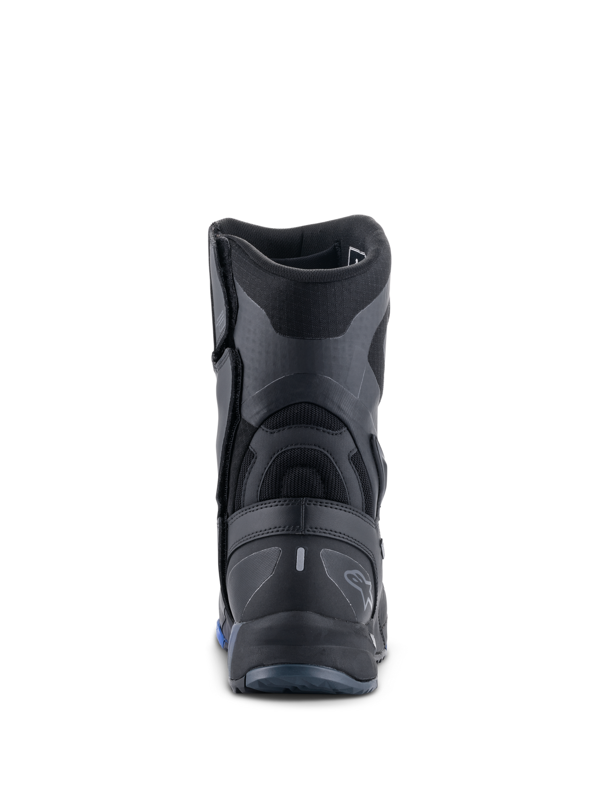 Bottes Alpinestars RT-8 GORE-TEX, bottes de moto touring, noir et bleu, vue arrière mettant en évidence le contrefort de talon renforcé, les panneaux synthétiques texturés et le marquage discret Alpinestars.