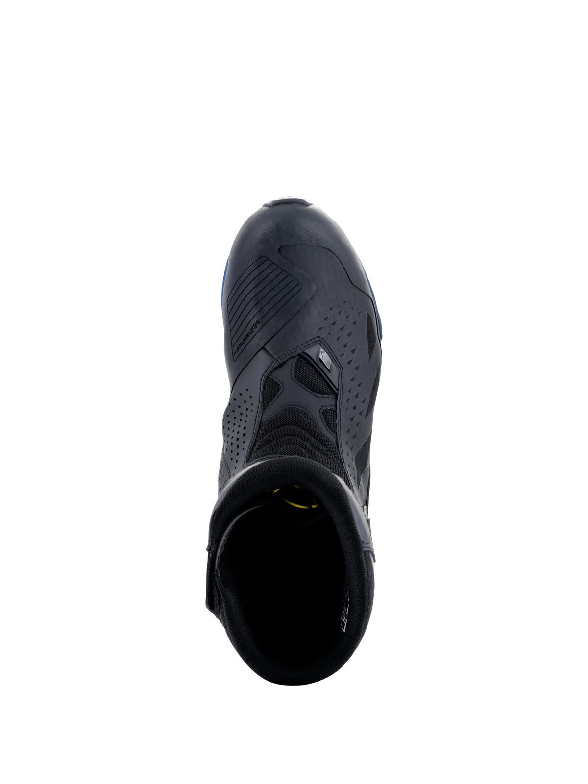 Bottes Alpinestars RT-8 GORE-TEX, noir et bleu, vue de dessus montrant le renfort de sélecteur, les panneaux en microfibre perforée et les détails bleus sur la semelle, chaussures de moto de touring techniques et imperméables
