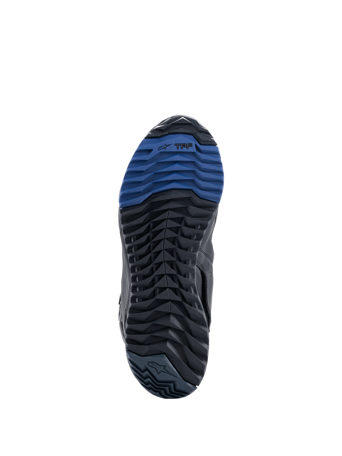 Bottes Alpinestars RT-8 GORE-TEX, vue de la semelle montrant la semelle extérieure en caoutchouc noir et bleu, dotée d'un motif de crampons robuste et du marquage TPF, conçue pour l'adhérence et le confort de marche sur les terrains d'aventure touring.