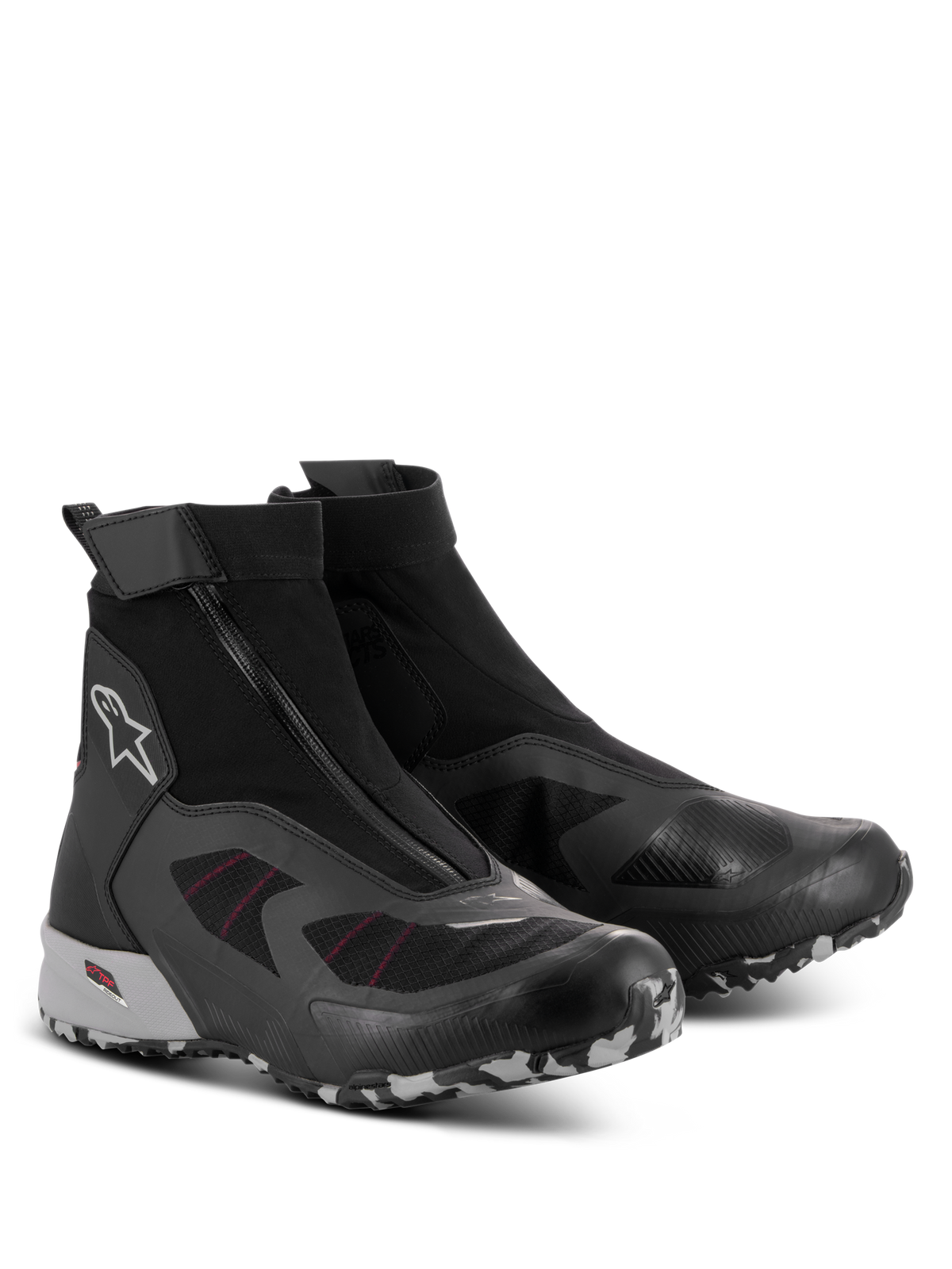 Chaussures Alpinestars CR-8 GORE-TEX, chaussures de moto imperméables, noir, gris moyen et rouge vif, dotées d'une fermeture à glissière en angle, d'une construction en chausson extensible à tige haute et d'une semelle crantée durable avec motif camouflage