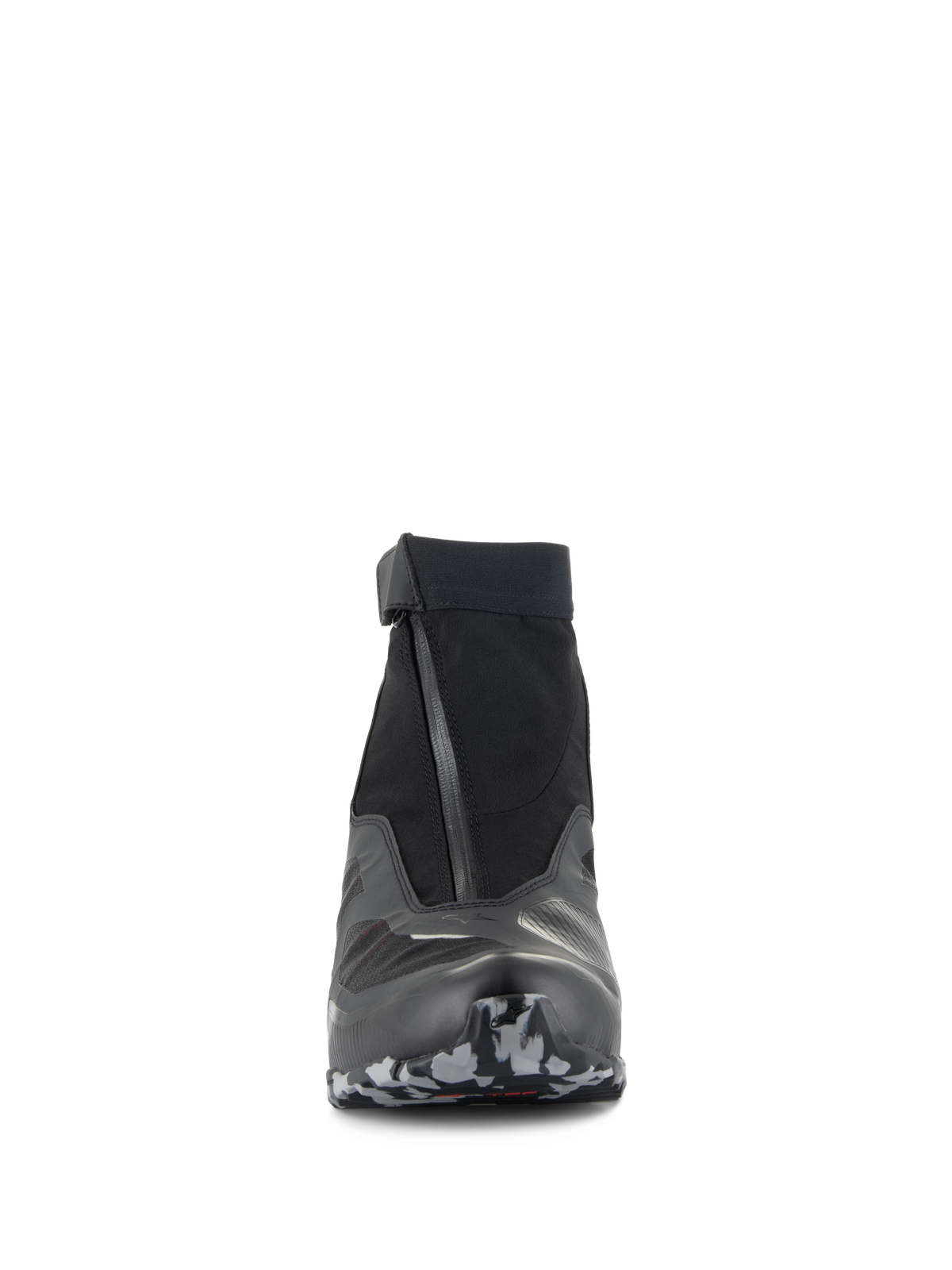 Chaussures Alpinestars CR-8 GORE-TEX, chaussures de moto, Noir, Gris moyen et Rouge vif, vue de face avec fermeture à glissière imperméable en angle et col élastique, semelle à motif camouflage, design touring imperméable et élégant
