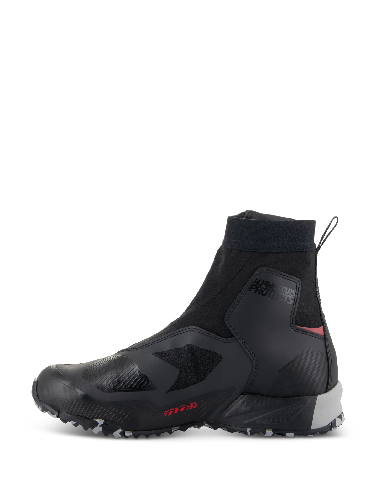 Chaussures Alpinestars CR-8 GORE-TEX, chaussures de moto imperméables, noir, gris moyen et rouge vif, vue de profil présentant une tige en textile noir épurée, un col élastiqué montant, le marquage 'ALPINESTARS PROTECTS' à la cheville, un support de talon gris moyen et des accents rouge vif
