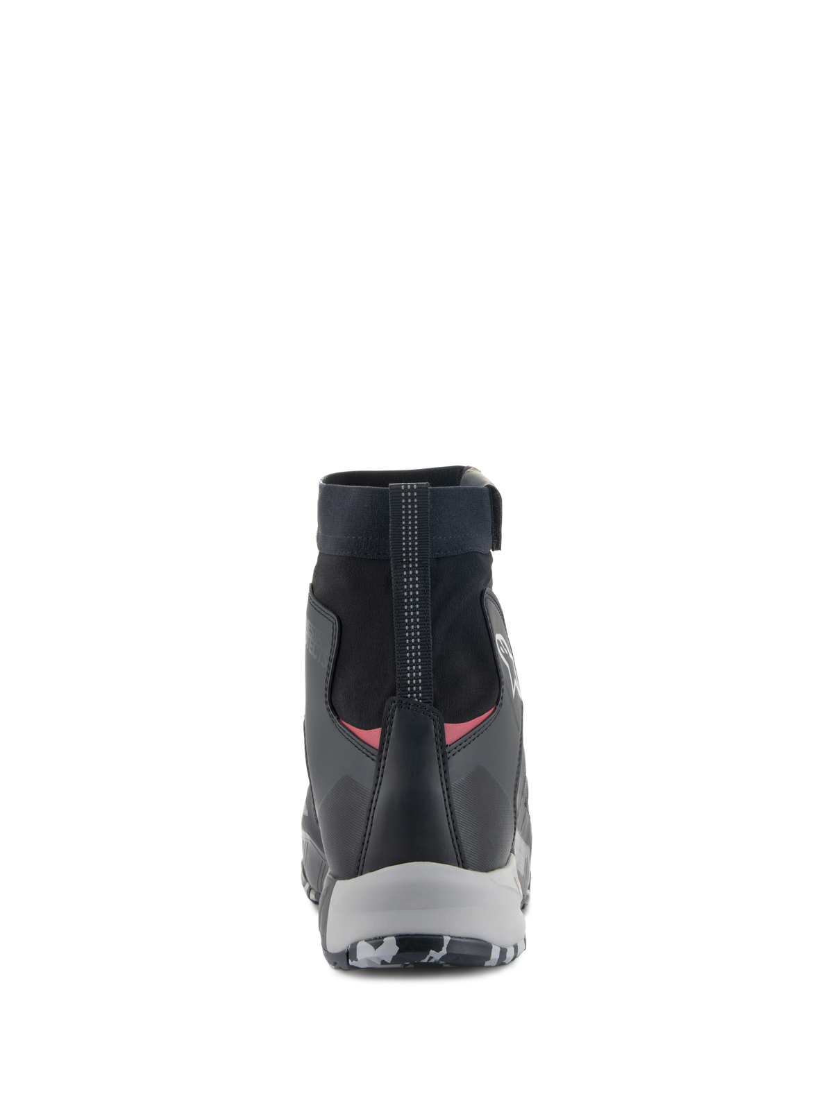 Chaussures Alpinestars CR-8 GORE-TEX, chaussures de moto imperméables, Noir Gris Moyen et Rouge Vif, vue arrière mettant en évidence le col élastique montant, le contrefort de talon renforcé et la semelle intermédiaire grise.