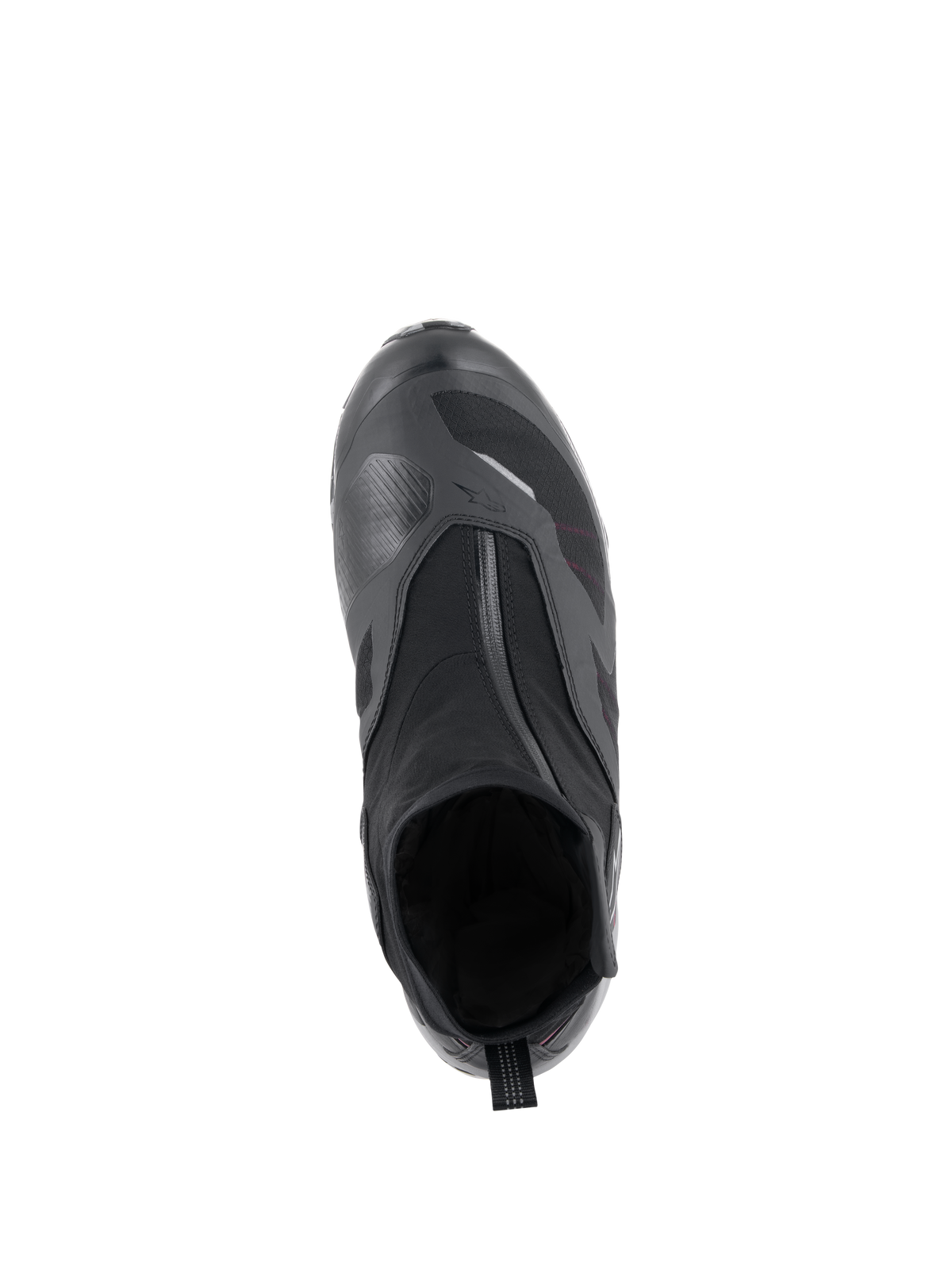 Chaussure Alpinestars CR-8 GORE-TEX, noir, gris moyen et rouge vif, vue de dessus montrant la fermeture à glissière imperméable en angle, le chausson intérieur et le renfort de sélecteur texturé pour le touring toutes saisons.