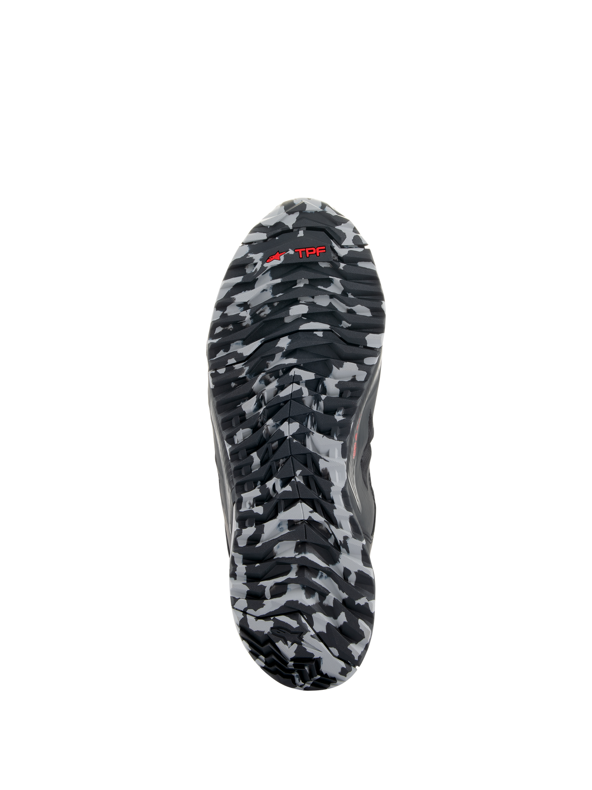 Chaussures Alpinestars CR-8 GORE-TEX, vue de la semelle extérieure, motif camouflage noir et gris moyen, logo TPF rouge sur semelle en caoutchouc texturée, détail de chaussure de touring imperméable