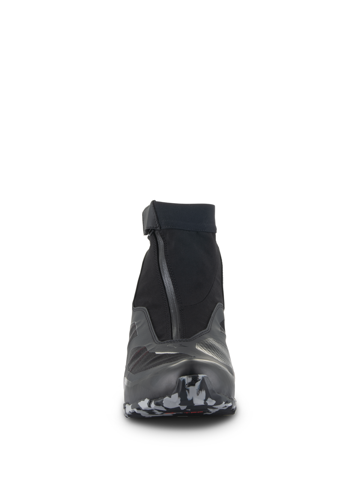 Alpinestars CR-8 GORE-TEX Schuhe, Frontansicht, Schwarz und Dunkelgrau, hoch geschnittener Motorradschuh mit schrägem wasserdichtem Reißverschluss, elastischem Schaftabschluss und strukturierter Sohlenspitze, technisches Adventure-Touren-Schuhwerk