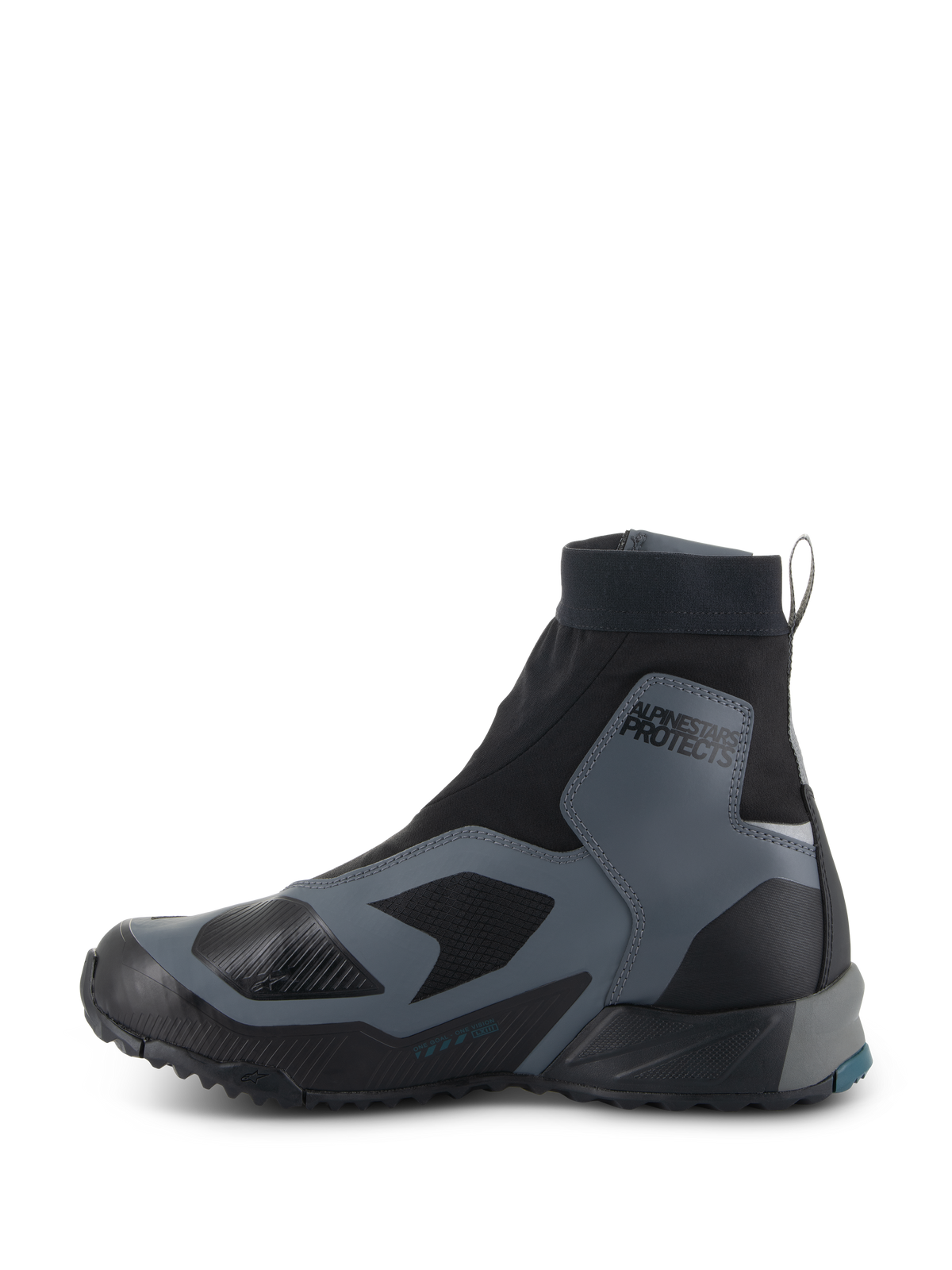 Alpinestars CR-8 GORE-TEX Schuhe, Motorradschuhe, Schwarz und Dunkelgrau, Seitenprofil mit hoch geschnittenem Stretch-Innenschuh, schützende Overlays, 'ALPINESTARS PROTECTS'-Branding am Knöchel und strapazierfähige Gummisohle, wasserdicht und atmungsaktiv für Adventure-Touren.