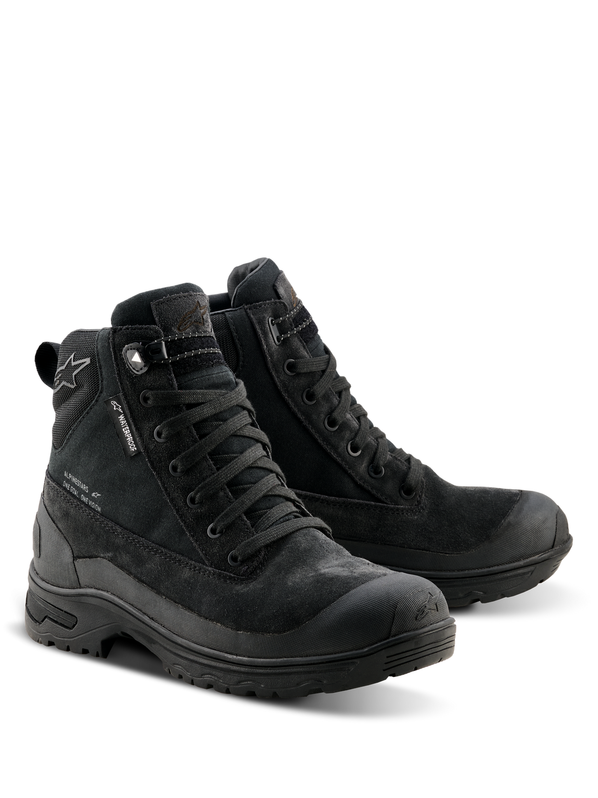 Alpinestars Woman Judy Waterproof Boots, Black motorcycle boots, combat-inspired design with lace-up closure, featuring a waterproof tag, suede and textile construction, and a durable rubber sole for riding and walking comfort