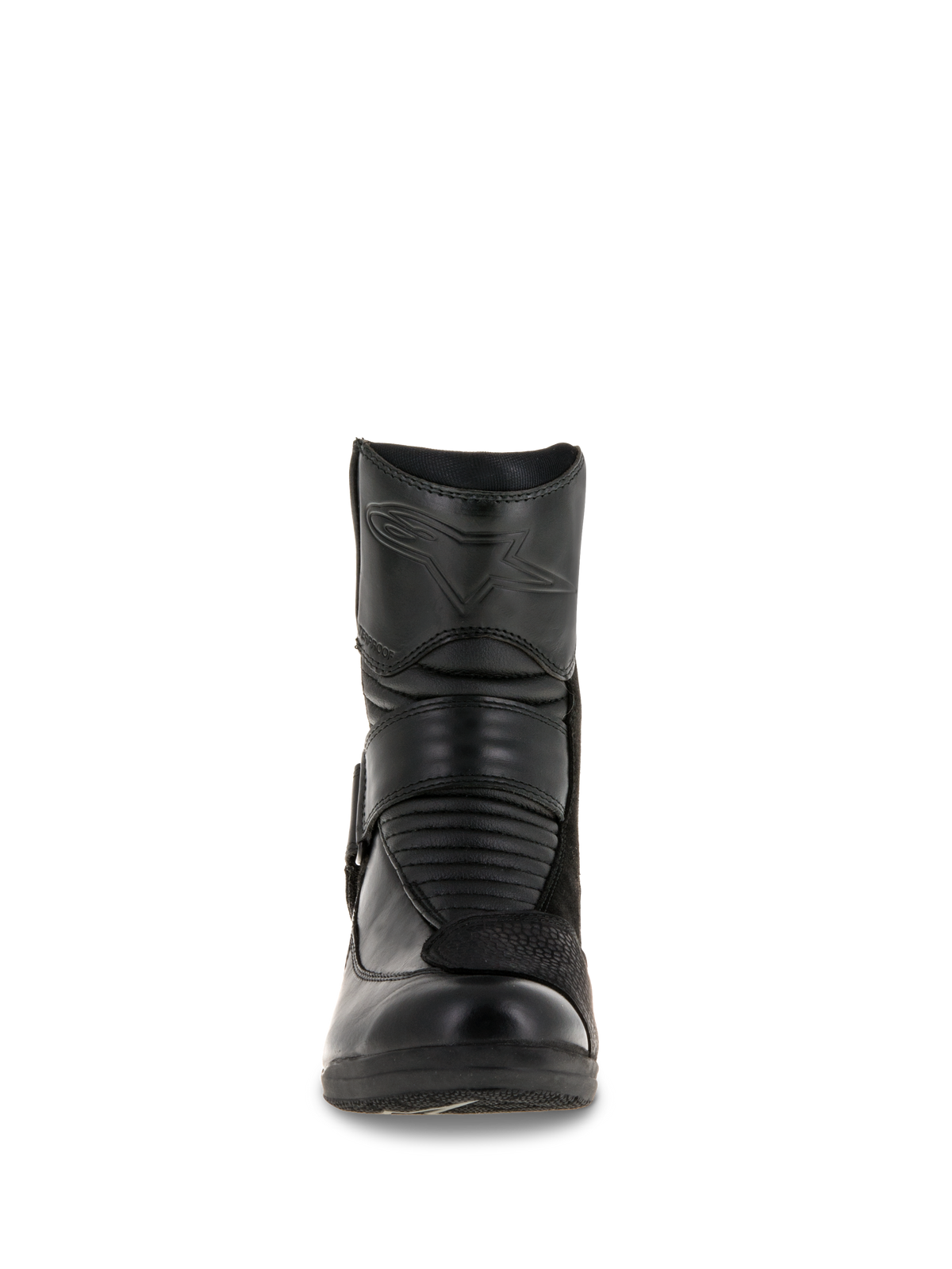 Bottes Alpinestars Stella Valencia Waterproof pour femme, vue de face, construction en cuir noir, avec zones accordéon flexibles à l'avant et logo étoile embossé sur le tibia, botte de touring moto imperméable à coupe basse