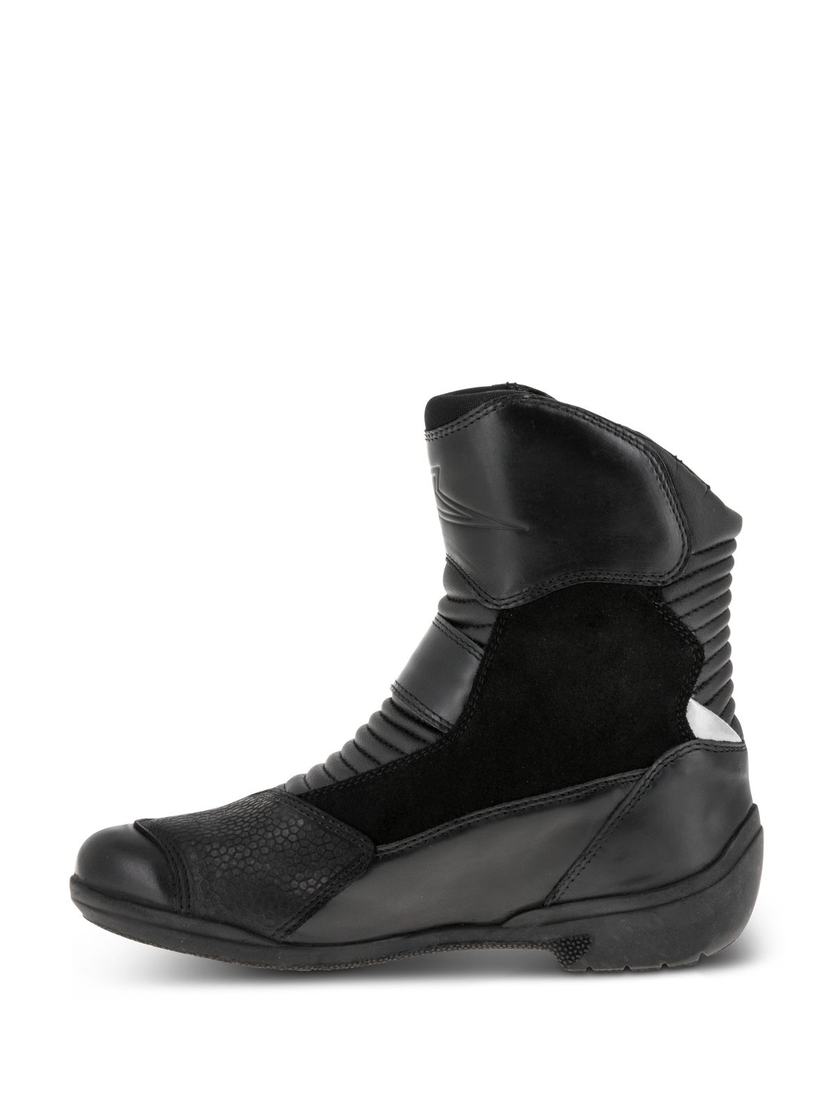 Alpinestars Bottes Stella Valencia Waterproof pour femme, noir, vue latérale, conception multi-panneaux en cuir et daim, zones de flexion en accordéon à l'avant et à l'arrière, bottes de touring moto à tige basse