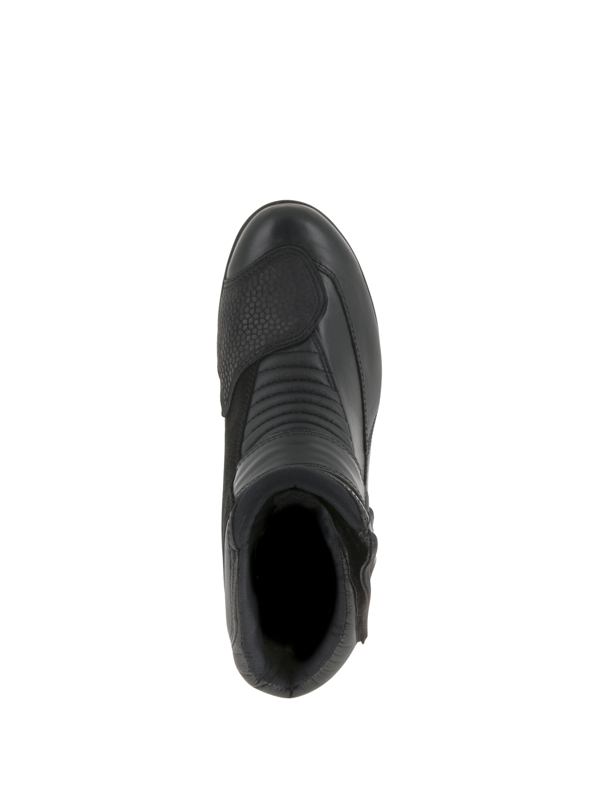 Bottes imperméables Alpinestars Stella Valencia pour femme, bottes de moto, noir, vue de dessus mettant en évidence les zones d'accordéon flexibles et le renfort de sélecteur texturé, conception basse en cuir et daim pour le touring