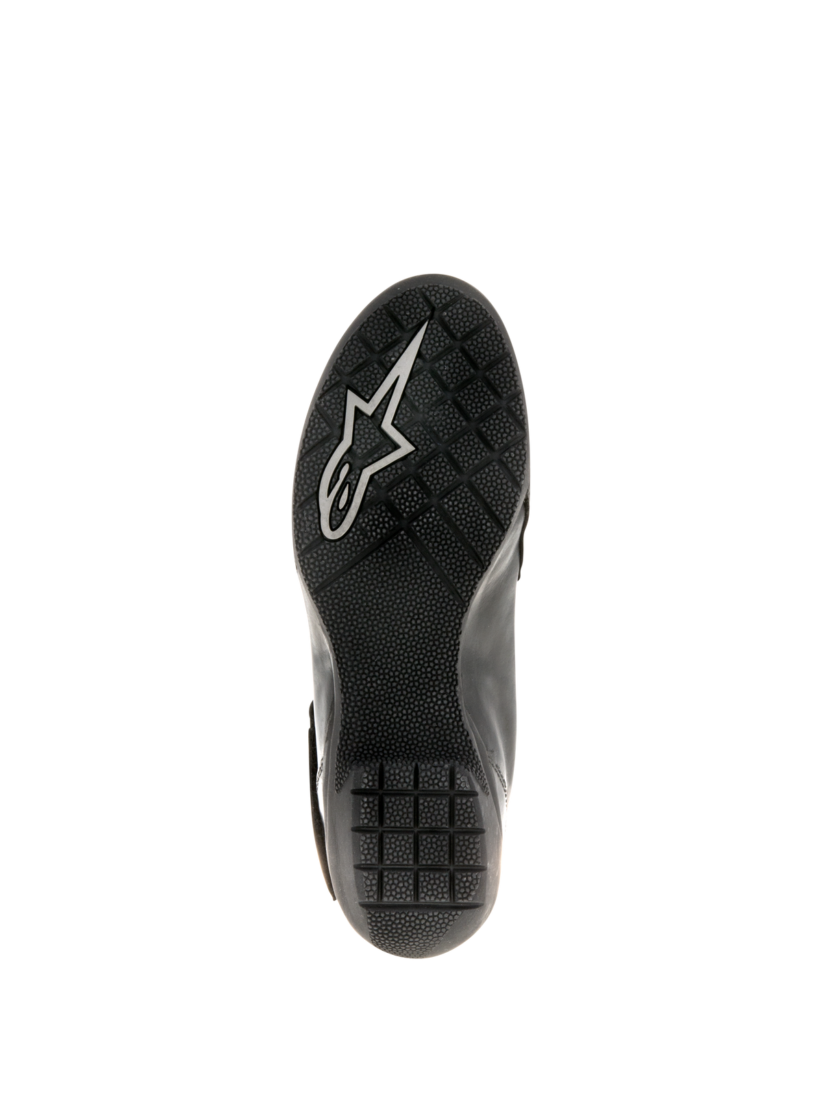 Bottes Alpinestars Stella Valencia Waterproof pour femme, noires, vue de la semelle montrant le caoutchouc texturé avec motif antidérapant et logo Astars blanc, conçues pour la stabilité en moto touring.