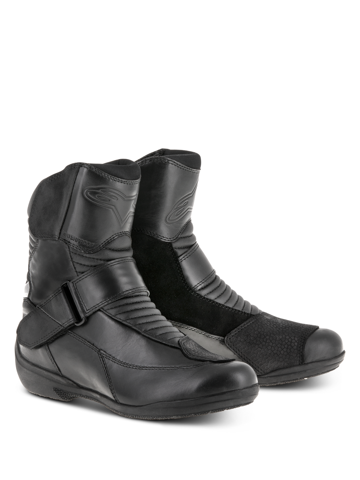 Alpinestars Stella Valencia Waterproof Boots, noir, bottes de touring à coupe basse avec empiècements en cuir et daim, zones flexibles en accordéon et sangle à boucle au cou-de-pied, chaussures de moto imperméables pour femme