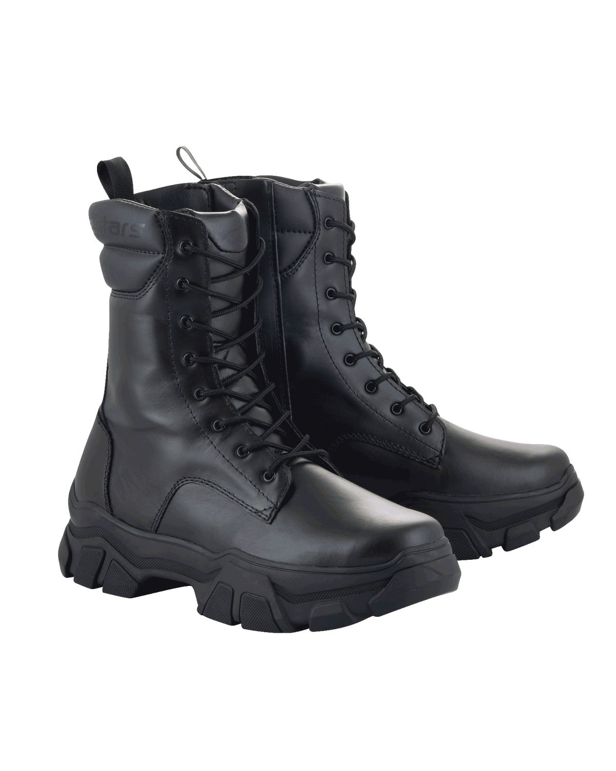 Bottes Alpinestars Ava pour femme, bottes de moto urbaines, noir, construction en cuir pleine fleur, semelle en caoutchouc épaisse et surélevée, laçage frontal avec fermeture éclair latérale, style utilitaire robuste