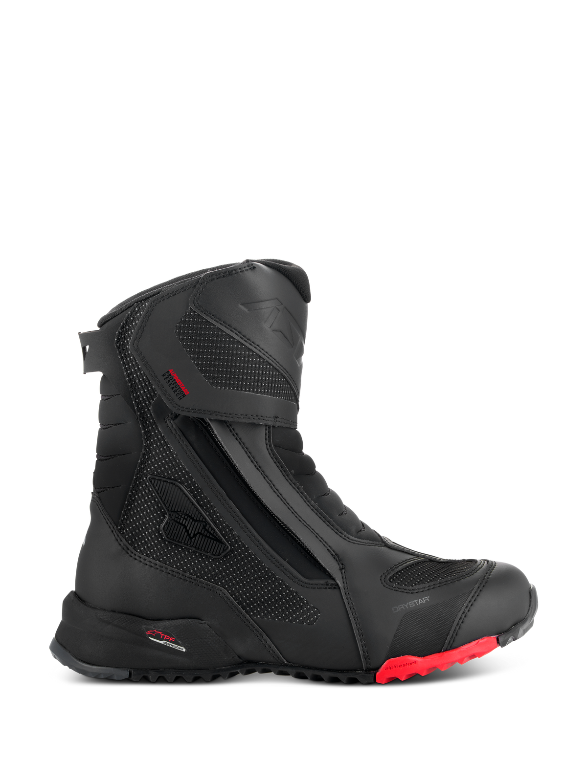Alpinestars RT-7 Drystar Boots, Motorcycle Touring Boots, Black with Red Sole Accent, Waterproof and Breathable, Side Profile featuring Lateral Zip and Hook-and-Loop closure, Textured Textile Panels with Reflective Dots, Rugged Lugged Sole, Advanced Synthetic Construction
