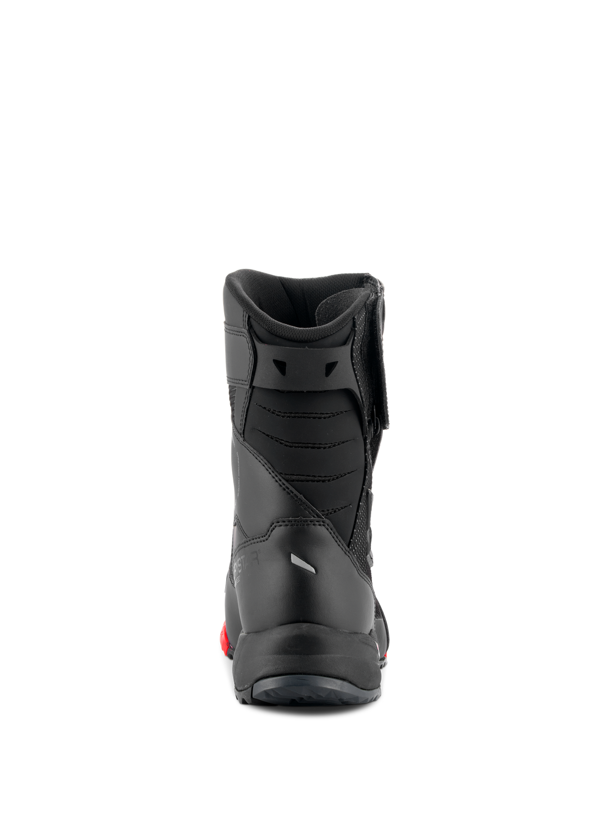 Alpinestars RT-7 Drystar® Boots, Motorcycle Touring Boots, Black and Red, rear view showing padded achilles bellows and sleek construction, waterproof protective footwear for road and adventure