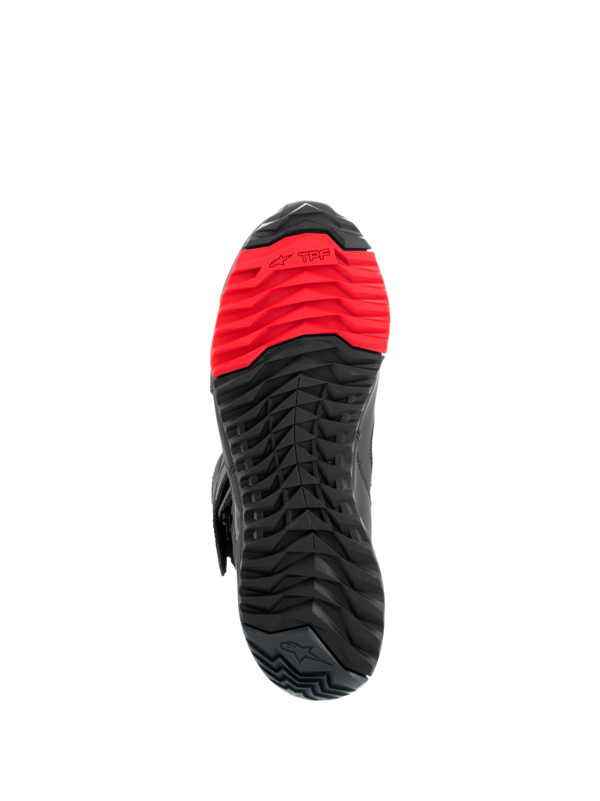 Alpinestars RT-7 Drystar® Boots, Sole View, Rugged black and red lugged tread pattern, featuring the TPF Transversal Protection Frame logo on the forefoot, designed for riding and walking comfort