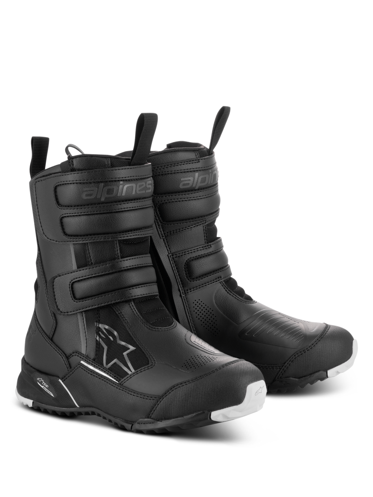 Alpinestars Stella RT-7 Touring Drystar® dameslaarzen, zwarte waterdichte touring-motorlaarzen, voorzien van drie klittenbandsluitingen, dubbele ritssluiting en een robuuste buitenzool met witte accenten