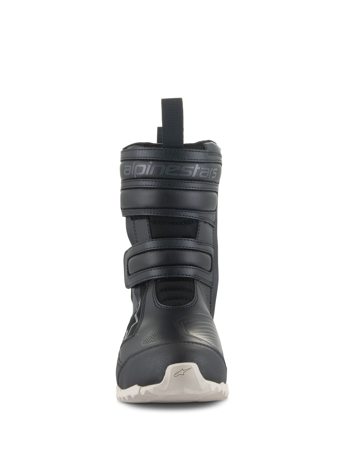 Alpinestars Stella RT-7 Touring Drystar® laarzen, motor touringlaarzen voor dames, zwart, vooraanzicht met dubbele klittenbandsluitingen, Alpinestars-branding in reliëf, technisch microvezel bovenwerk en lichtgekleurde profielzool