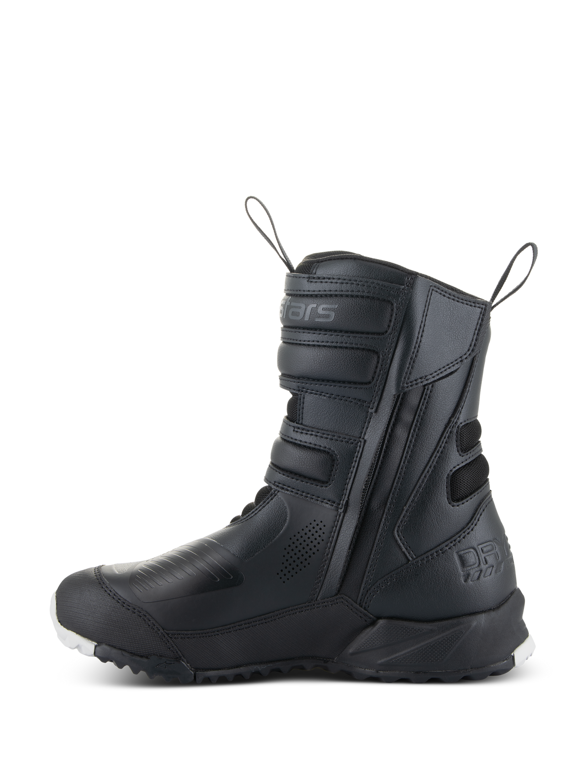 Alpinestars Stella RT-7 Touring Drystar® dameslaarzen, touring motorlaarzen voor dames, zwart, zijaanzicht met dubbele ritssluiting, klittenbandverstellers, versterkte beschermingszones en een robuuste zool voor adventure ritten