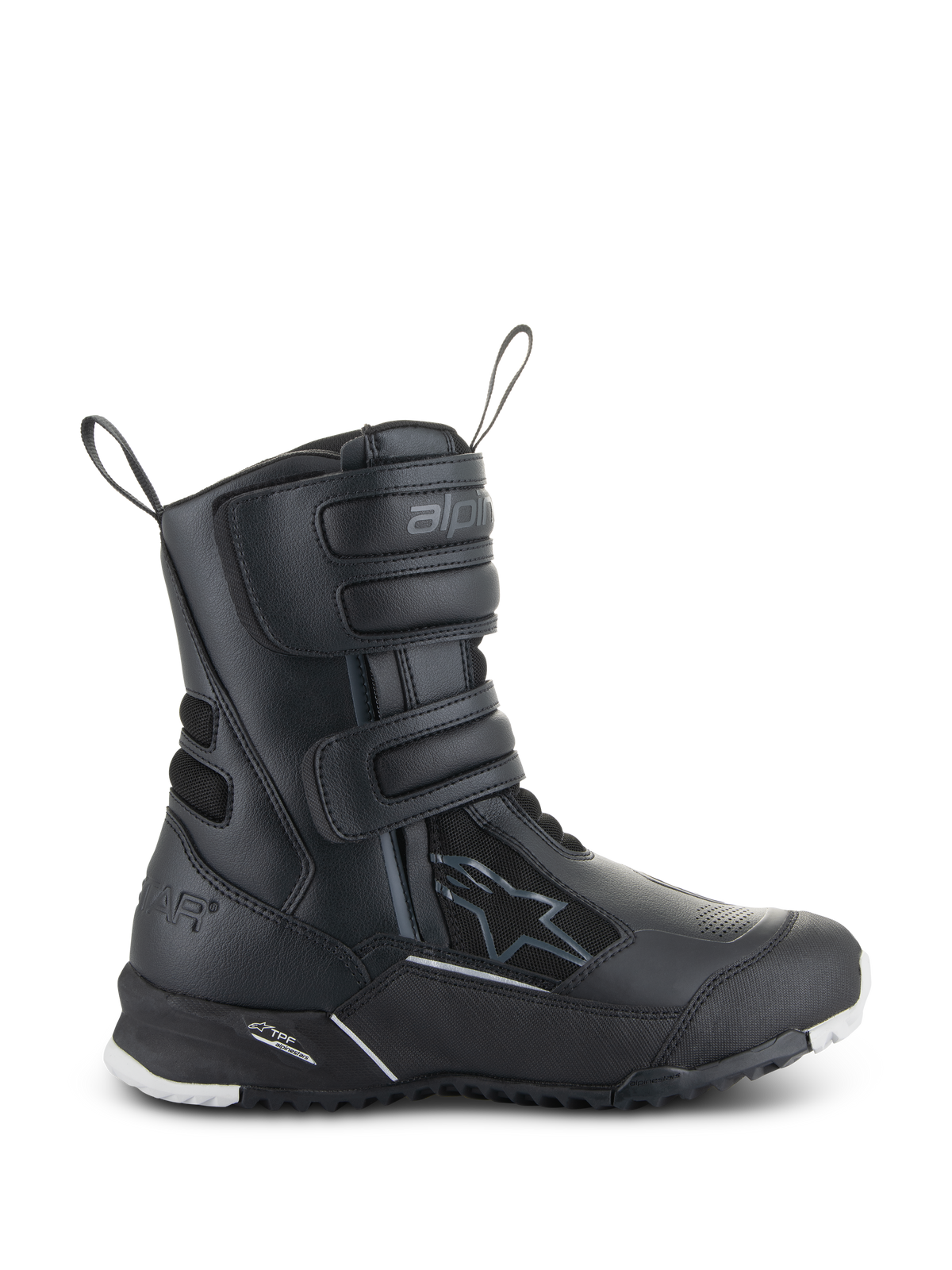 Alpinestars Stella RT-7 Touring Drystar dames motorlaarzen, zwarte motor toerlaarzen, zijaanzicht met drie klittenbandsluitingen, waterdicht bovenwerk van microvezel en textiel, versterkte hiel met sterlogo en duurzame profielzool met witte accenten