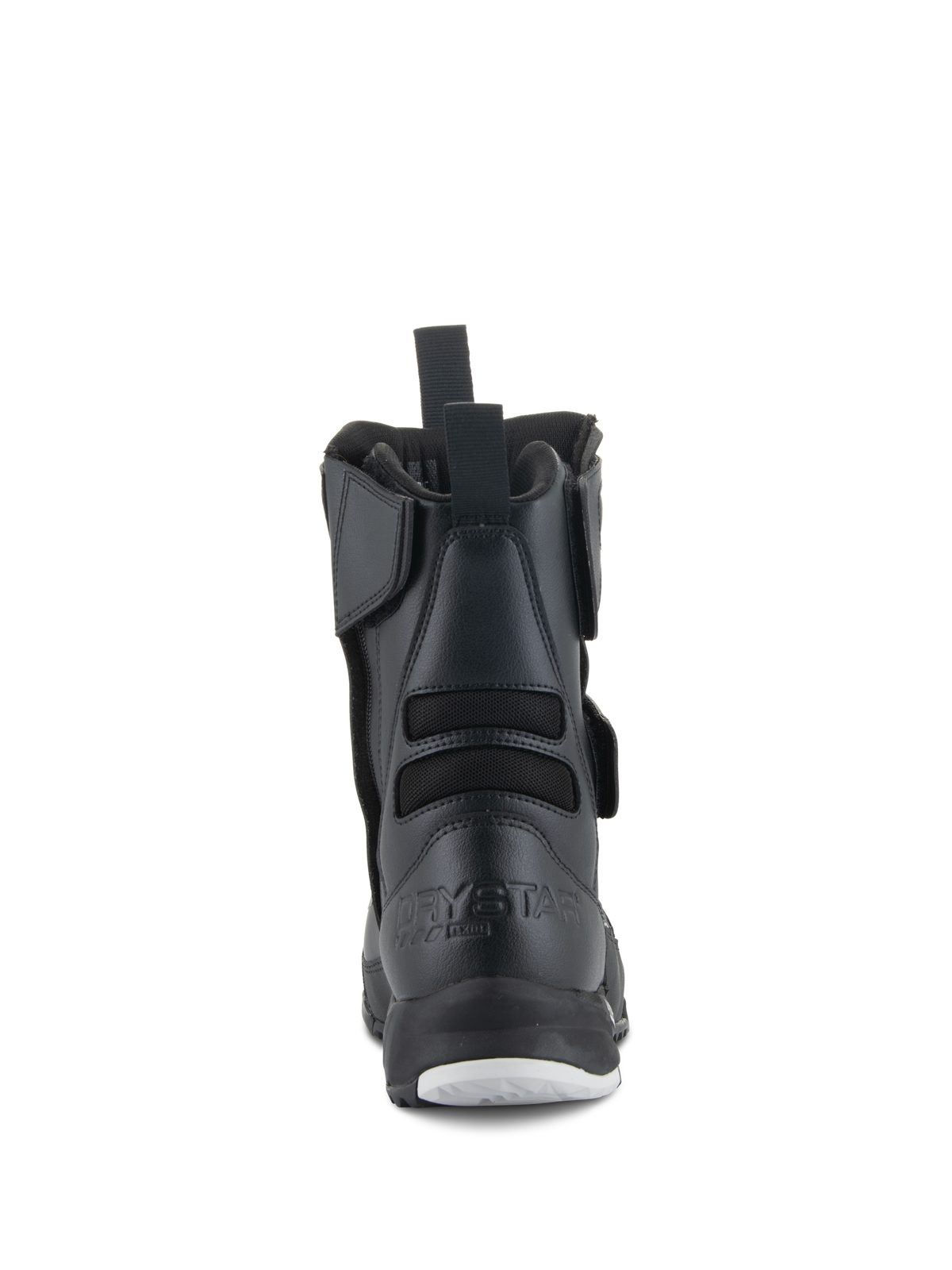 Alpinestars Stella RT-7 Touring Drystar® dameslaarzen, motorlaarzen voor dames, zwart, achteraanzicht met Drystar-logo in reliëf op de hiel, aantreklus aan de achterkant en flexibele textielbalgen voor extra bewegingsvrijheid.