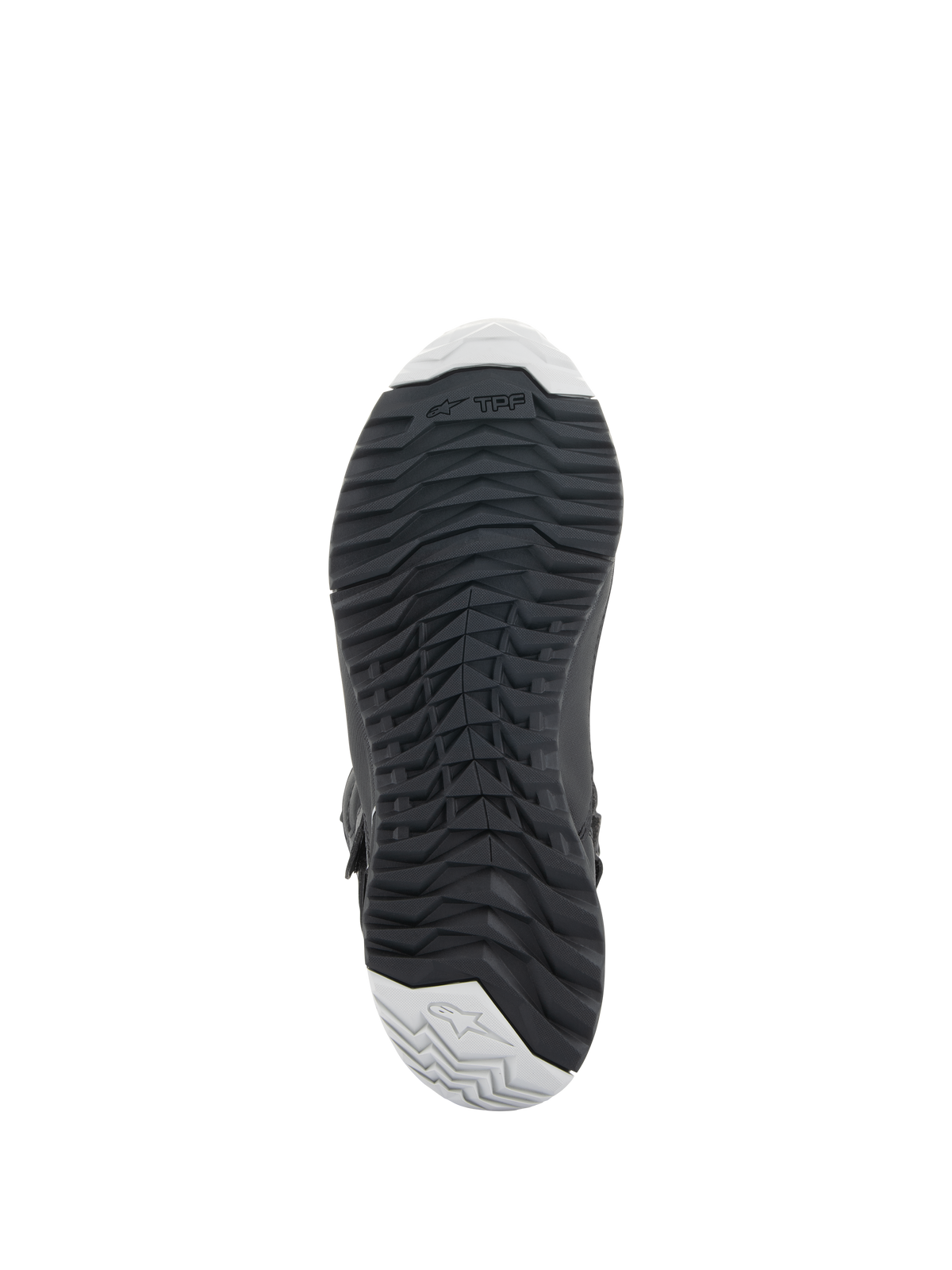 Alpinestars Stella RT-7 Touring Drystar® dameslaarzen, zwart, onderaanzicht van de duurzame rubberen buitenzool met een robuust noppenpatroon voor grip, TPF (Transversal Protection Frame) branding en lichtgrijze accenten bij de teen en hiel.
