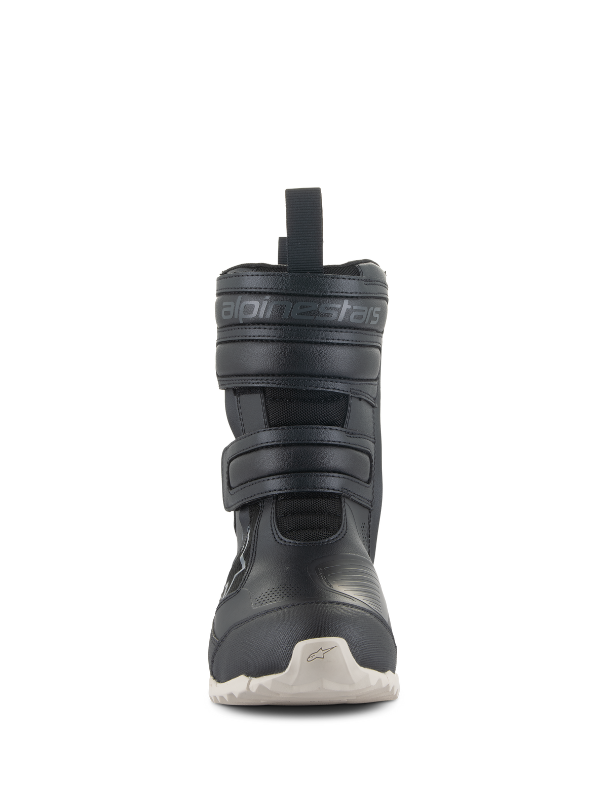 Alpinestars Stella RT-7 Touring Drystar® dameslaarzen, zwarte motor-toerlaarzen met witte zool, vooraanzicht met dubbele klittenbandsluiting en Alpinestars-logo in reliëf, technisch ontwerp voor weg- en adventure-rijden