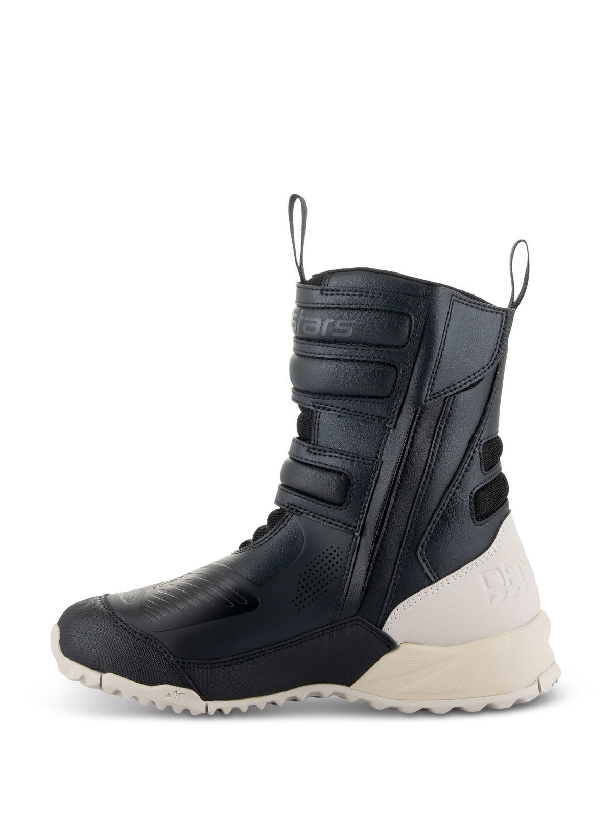 Alpinestars Stella RT-7 Touring Drystar® dameslaarzen, zwart en wit, zijprofiel van een hoge touring motorlaars met microvezelconstructie, ritssluiting aan de zijkant met verstelbare bandjes en een contrasterende gebroken witte hiel en zool.