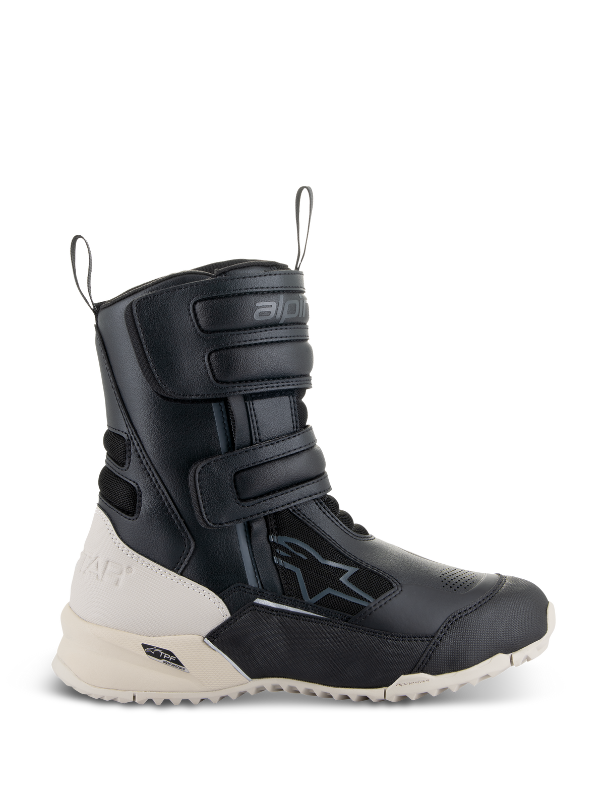Alpinestars Stella RT-7 Touring Drystar motorlaarzen voor dames, motor touringlaarzen, zwart en wit, met drie verstelbare klittenbandsluitingen, treklussen aan de voor- en achterkant en een robuuste noppenzool met TPF-ondersteuningsframe