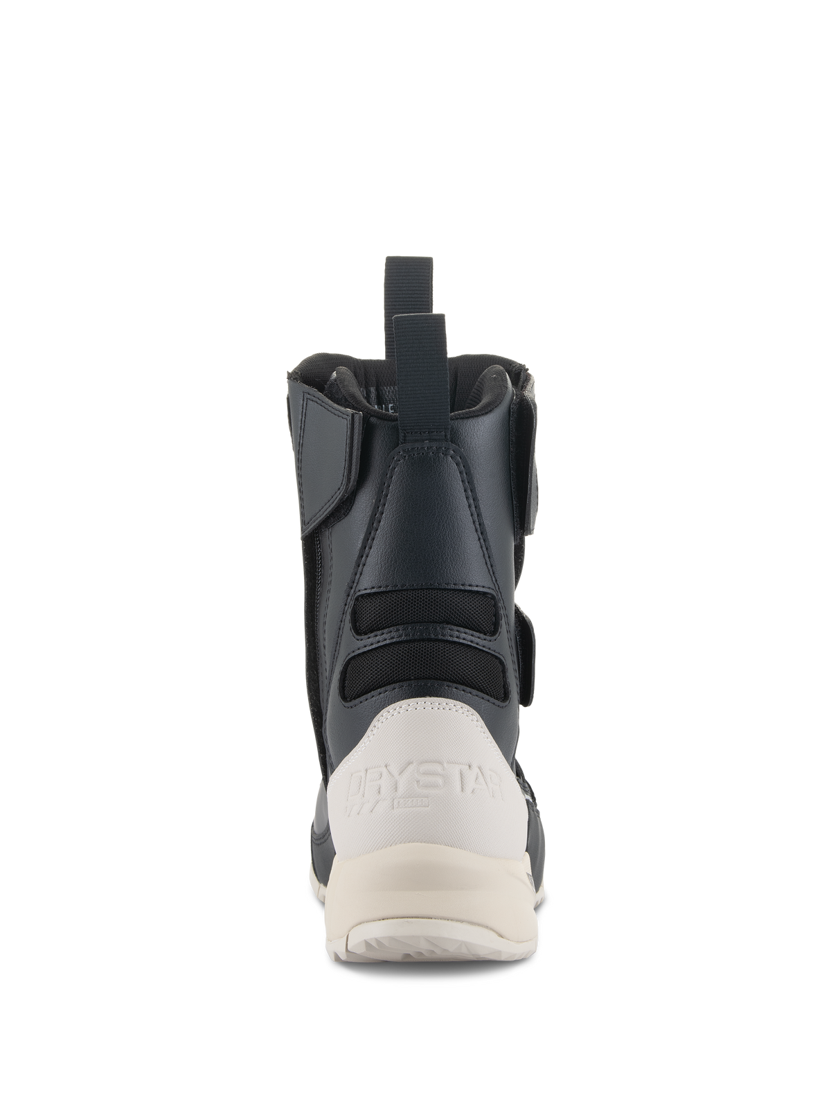 Alpinestars Stella RT-7 Touring Drystar® dameslaarzen, achteraanzicht, zwart en wit, met een witte versterkte hielkap voorzien van Drystar-branding, een treklus aan de achterzijde en textiele accordeonpanelen voor flexibiliteit.