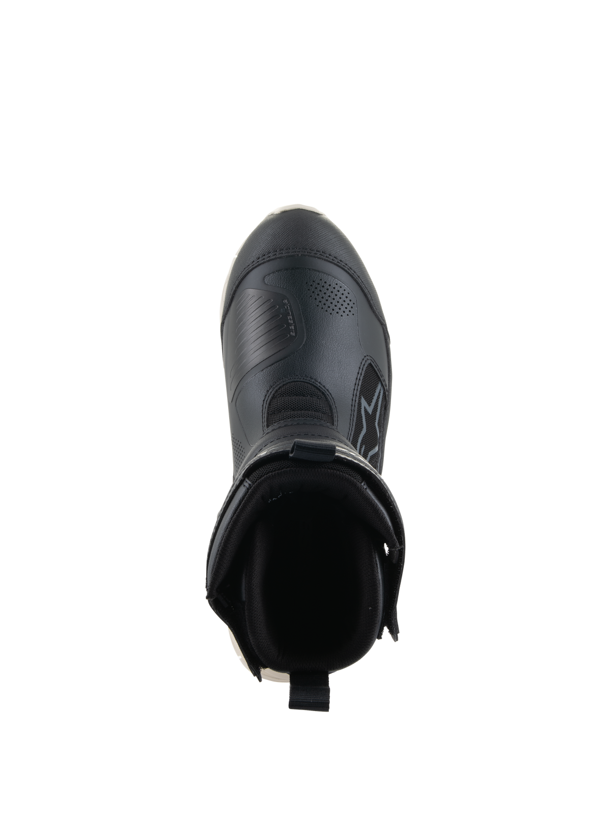 Alpinestars Stella RT-7 Touring Drystar® laarzen, tourlaarzen voor dames, zwart en wit, bovenaanzicht kijkend in de opening van de laars, voorzien van een gevoerde kraag, hiellus aan de achterzijde en een duurzaam bovenwerk van microvezel met Alpinestars-branding