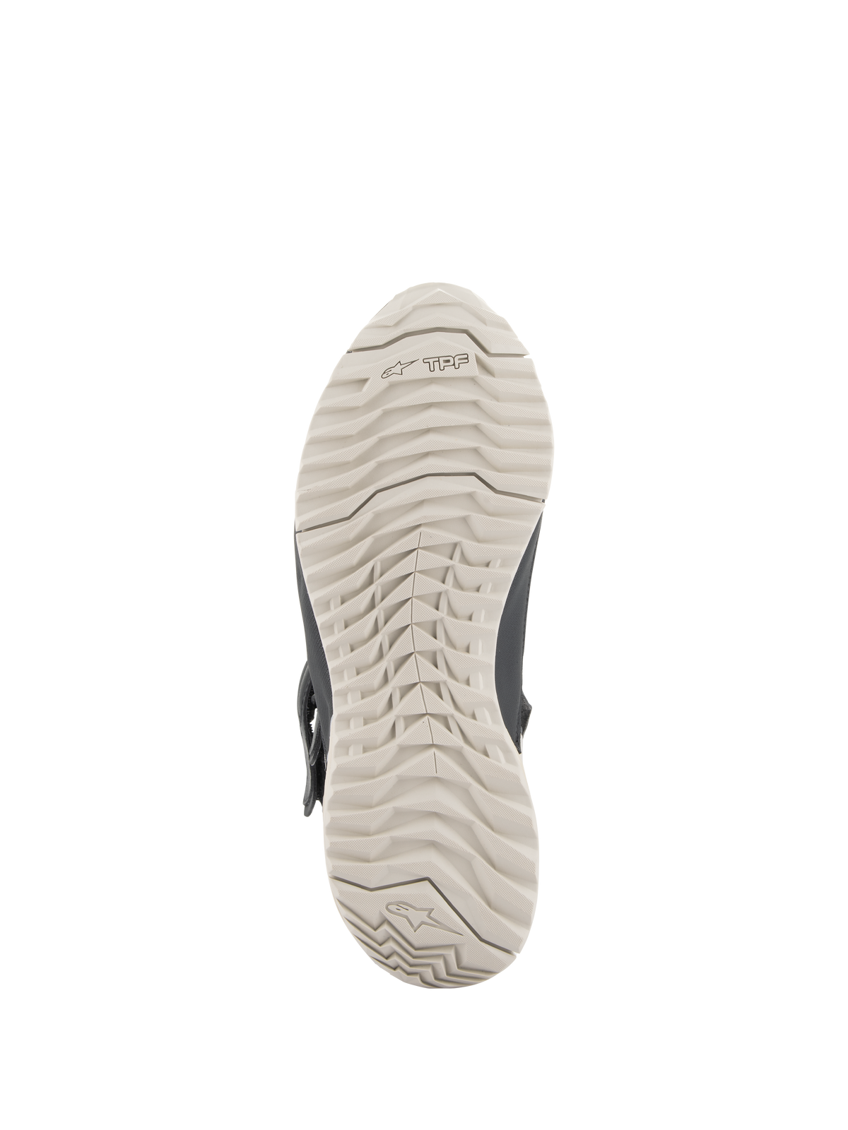 Alpinestars Stella RT-7 Touring Drystar® dameslaarzen, zicht op de loopzool, lichtgrijze rubberen zool met een duurzaam noppenpatroon en TPF-logo, ontworpen voor tractie en ondersteuning door het transversale beschermingsframe