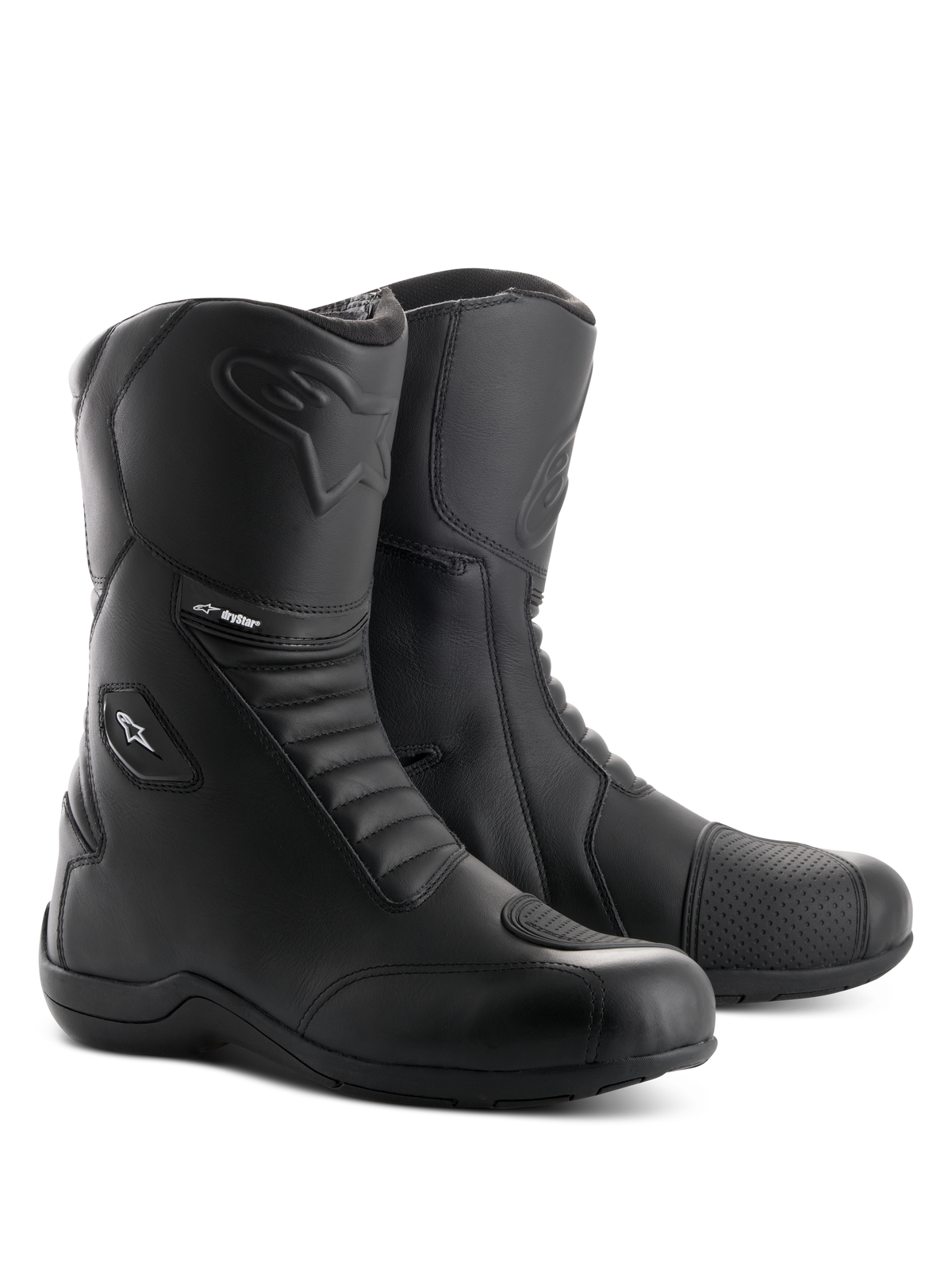 Bottes Alpinestars Andes V2 Drystar, bottes de moto touring noires, construction en cuir imperméable avec panneaux flexibles en accordéon à l'avant et à l'arrière, fermeture éclair latérale avec rabat, logo Alpinestars embossé et marquage Drystar, chaussures durables pour la route et l'aventure.
