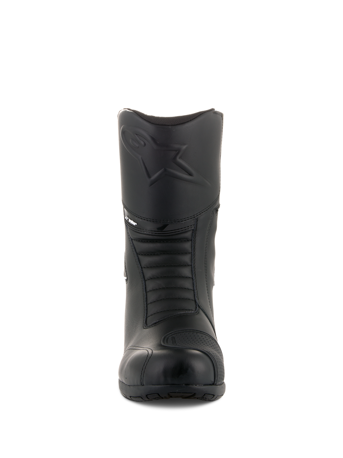 Bottes Alpinestars Andes V2 Drystar®, bottes de moto touring noires, vue de face montrant le logo Alpinestars embossé sur le tibia, zones de flexion en accordéon pour le mouvement, construction en cuir avec un renfort de sélecteur texturé