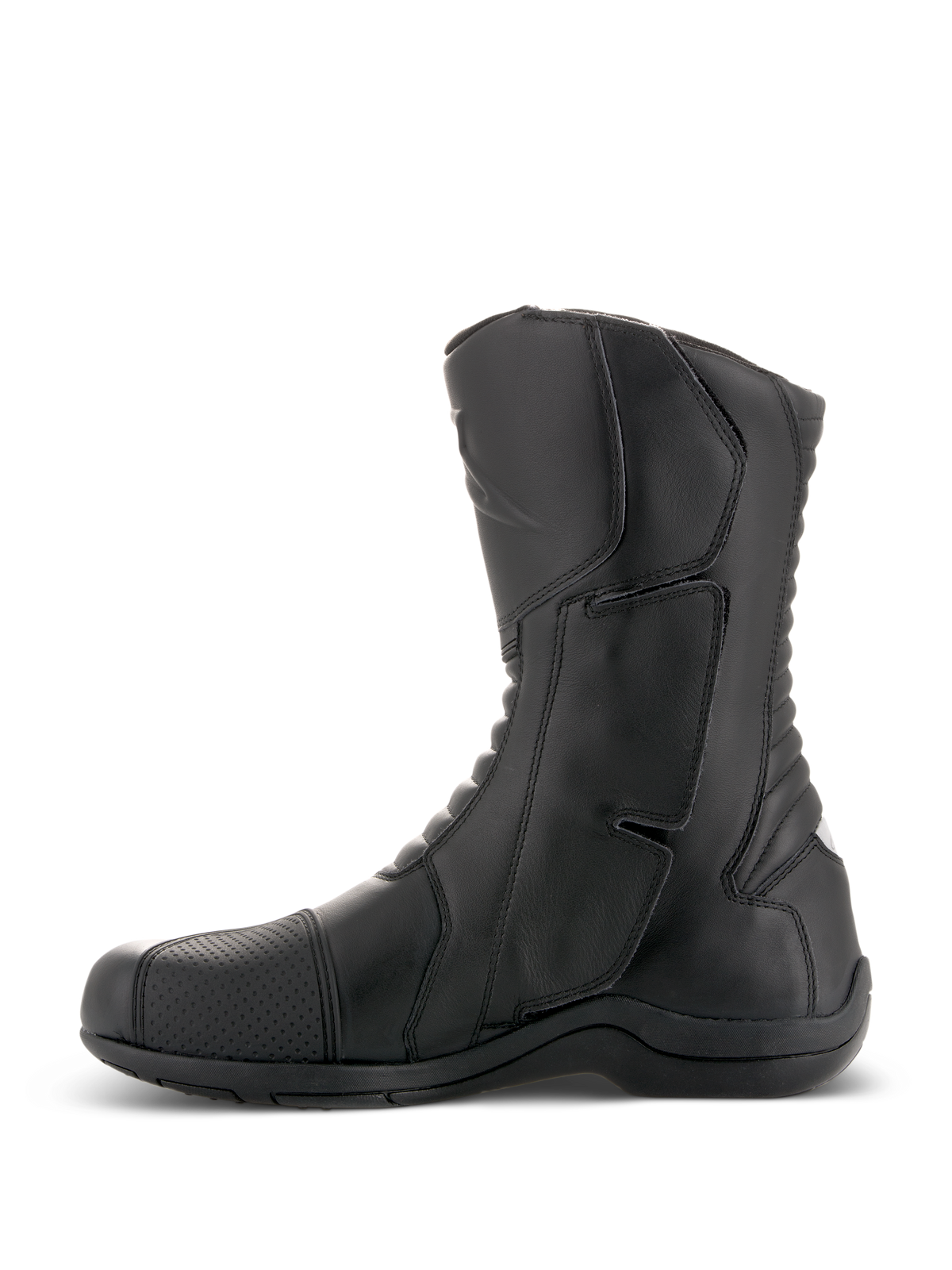 Bottes Alpinestars Andes V2 Drystar®, bottes de moto touring noires, vue de profil, construction en cuir imperméable avec protège-tibia renforcé et panneaux de flexion en accordéon, chaussures de pilotage d'aventure