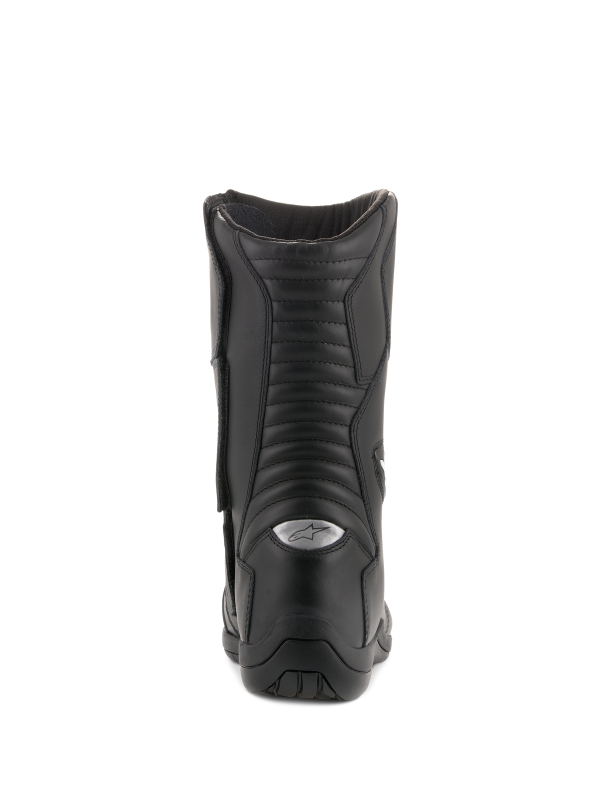 Bottes Alpinestars Andes V2 Drystar, bottes de touring imperméables, noir, vue arrière mettant en évidence les panneaux flexibles en cuir en accordéon et le logo A-star réfléchissant argenté sur le talon, chaussures de moto durables pour l'aventure